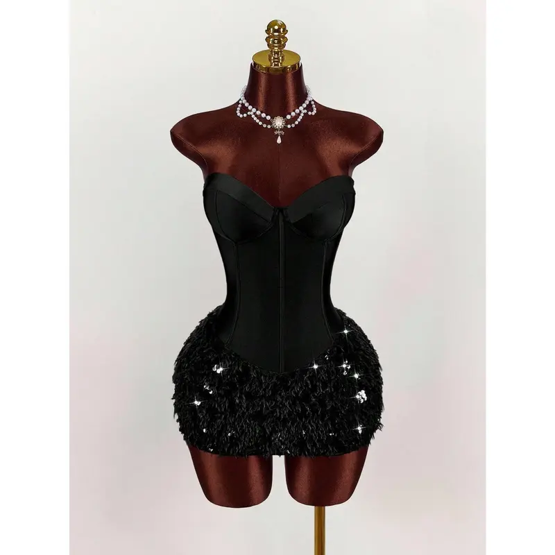 premium black woven bandeau contrast pleated hem mini dress Plt Style with sheer tights