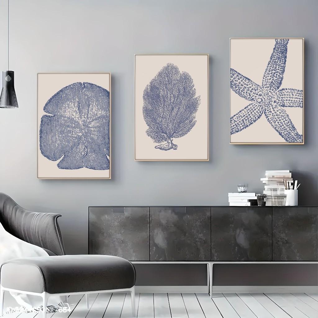 Modern Beach & Ocean Theme Wall Decor Set, Shell, Starfish, Floral Designs, Ideal for Living Room, Bar, Cafe, Home Office, Unframed Art Print