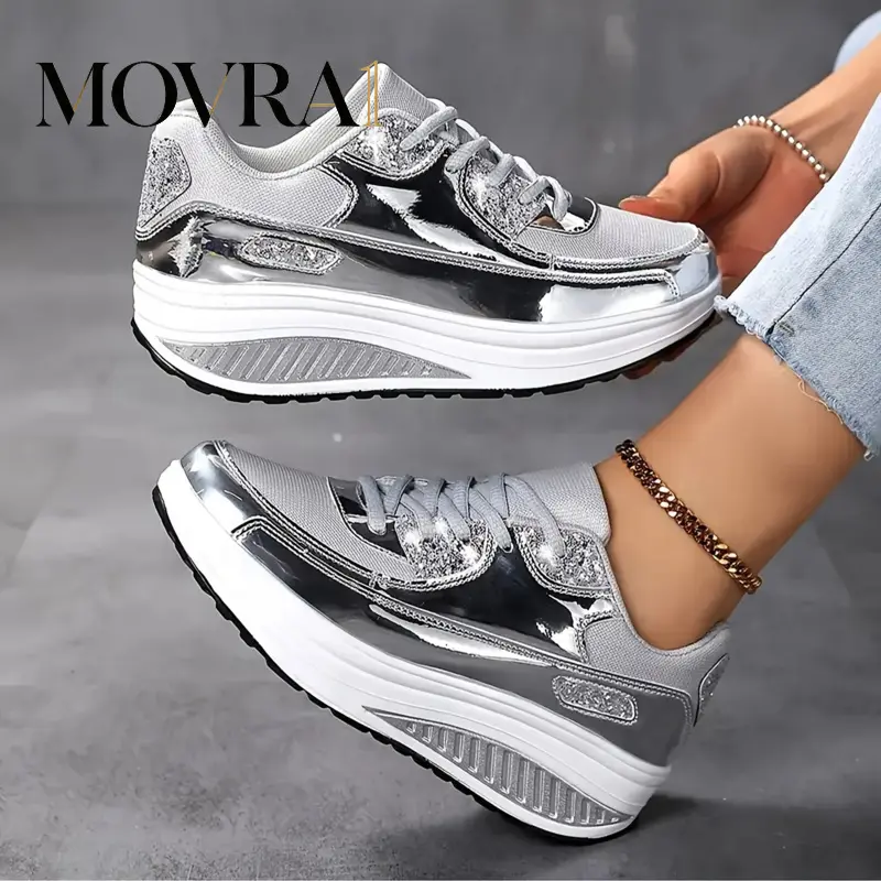 MOVRA1 Women's Shiny Silver Glitter Platform Wedge Sneakers with Reflective Detail, Outdoor Walking Shoes Runner Trainer