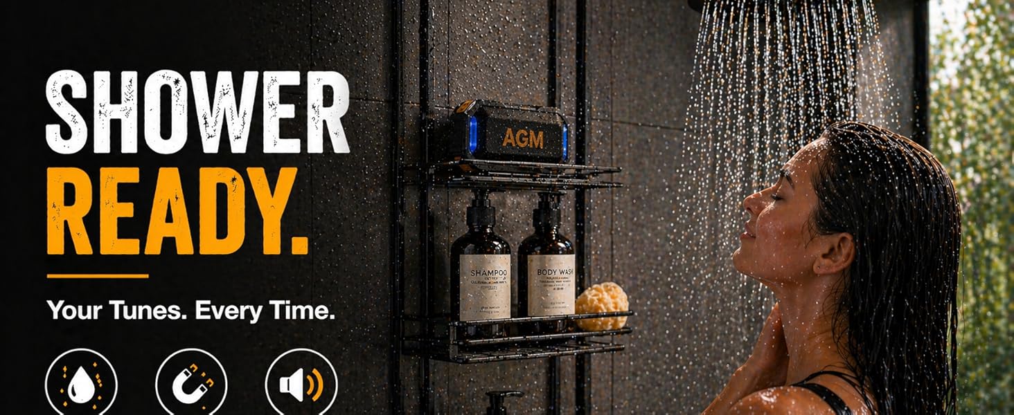 AGM MagROCK Magnetic Bluetooth Speaker, IP67 Waterproof & Floatable, Strong Magnet Mount for Fridge & Toolbox, Drop-Proof Rugged Portable with RGB Lights, TWS Stereo, for Shower, Garage, Outdoor