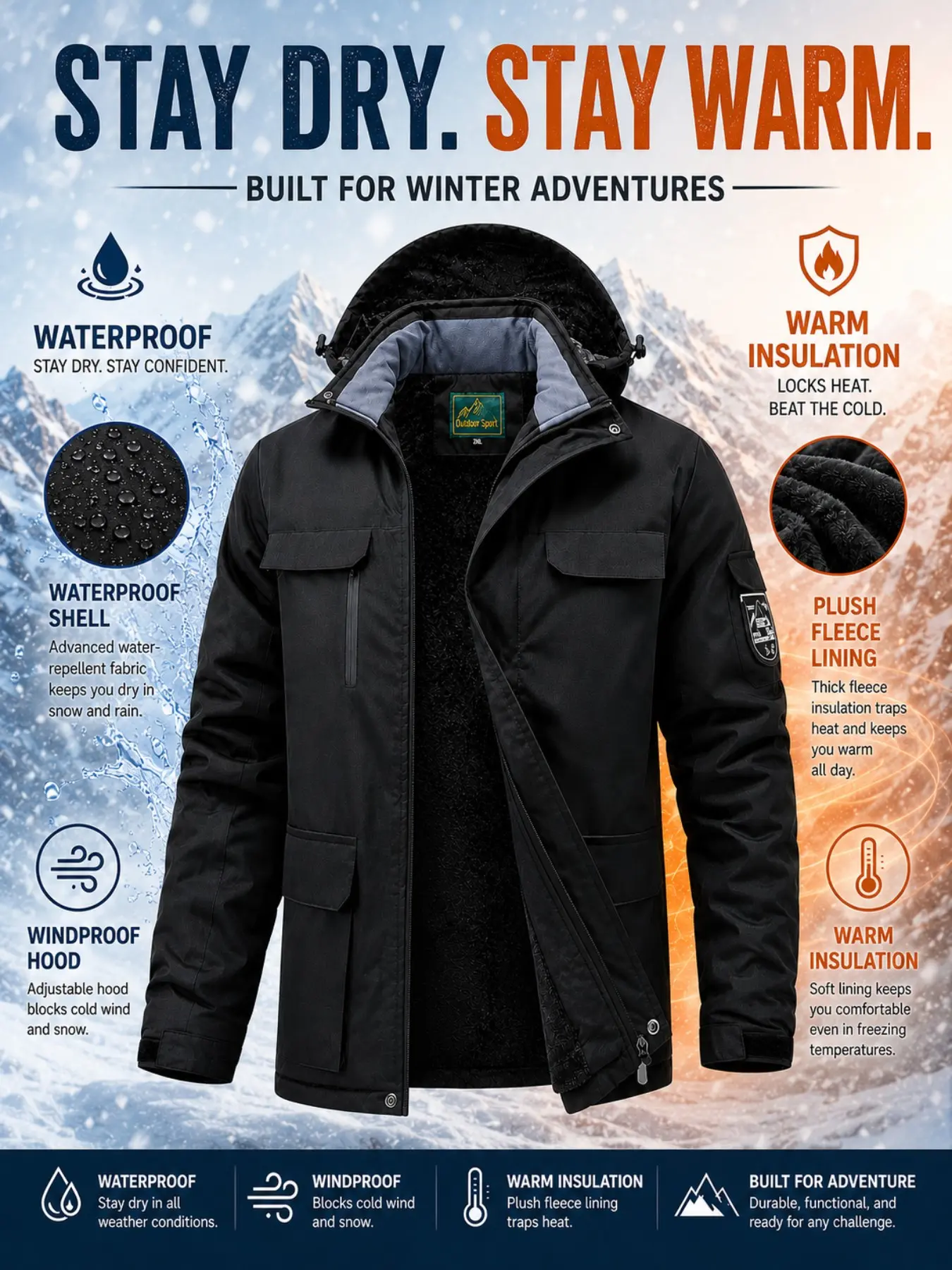 Men's Winter Waterproof Ski Jacket, Hooded Fleece Warm Outdoor Coat, Lightweight Windproof, Loose Fit, Multi-Pocket, Outdoor Sports Jackets, Ideal for Snow Sports & Travel