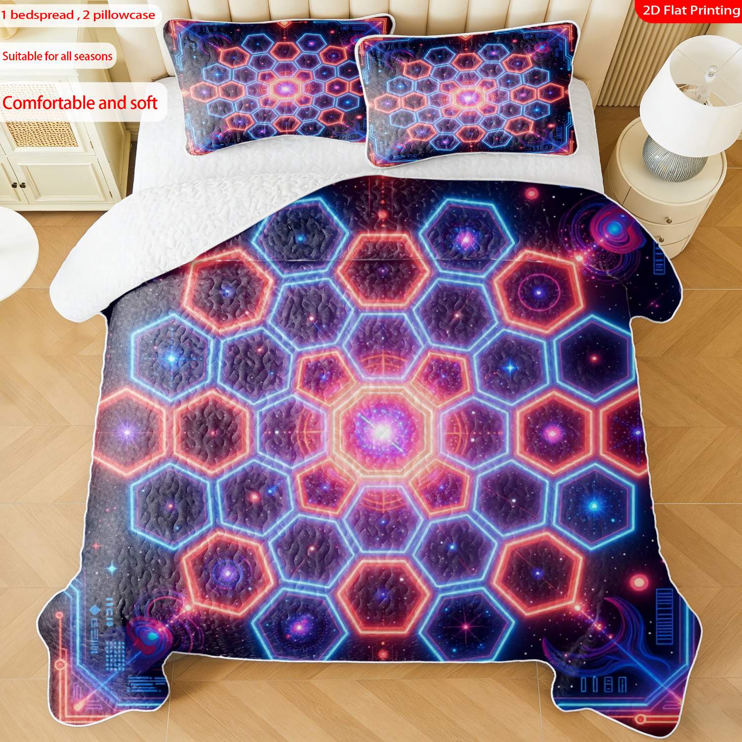 3 pcs, 2D Flat Print Neon Geometric Hexagon Bedspread Set, Soft and Comfortable, Multiple Sizes Available, Suitable for Gifting and Daily Use, Ideal for Creating a Cozy Home Atmosphere(1 bedspread , 2 pillowcases)