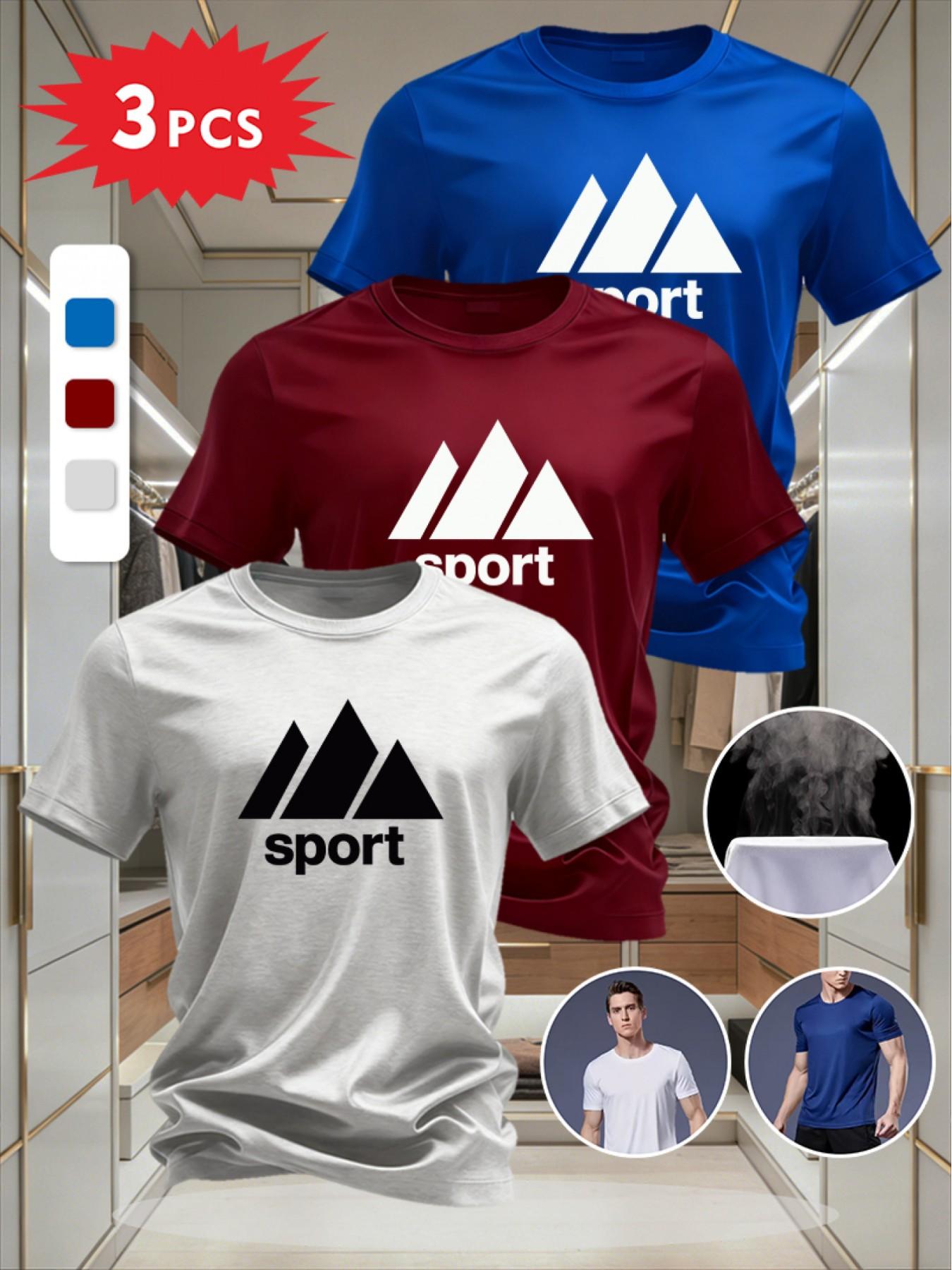 3-Pack Men's Casual Printed Short Sleeve T-Shirts, Breathable Sporty Fitted Tops, Trendy Streetwear Long-Sleeve Tee