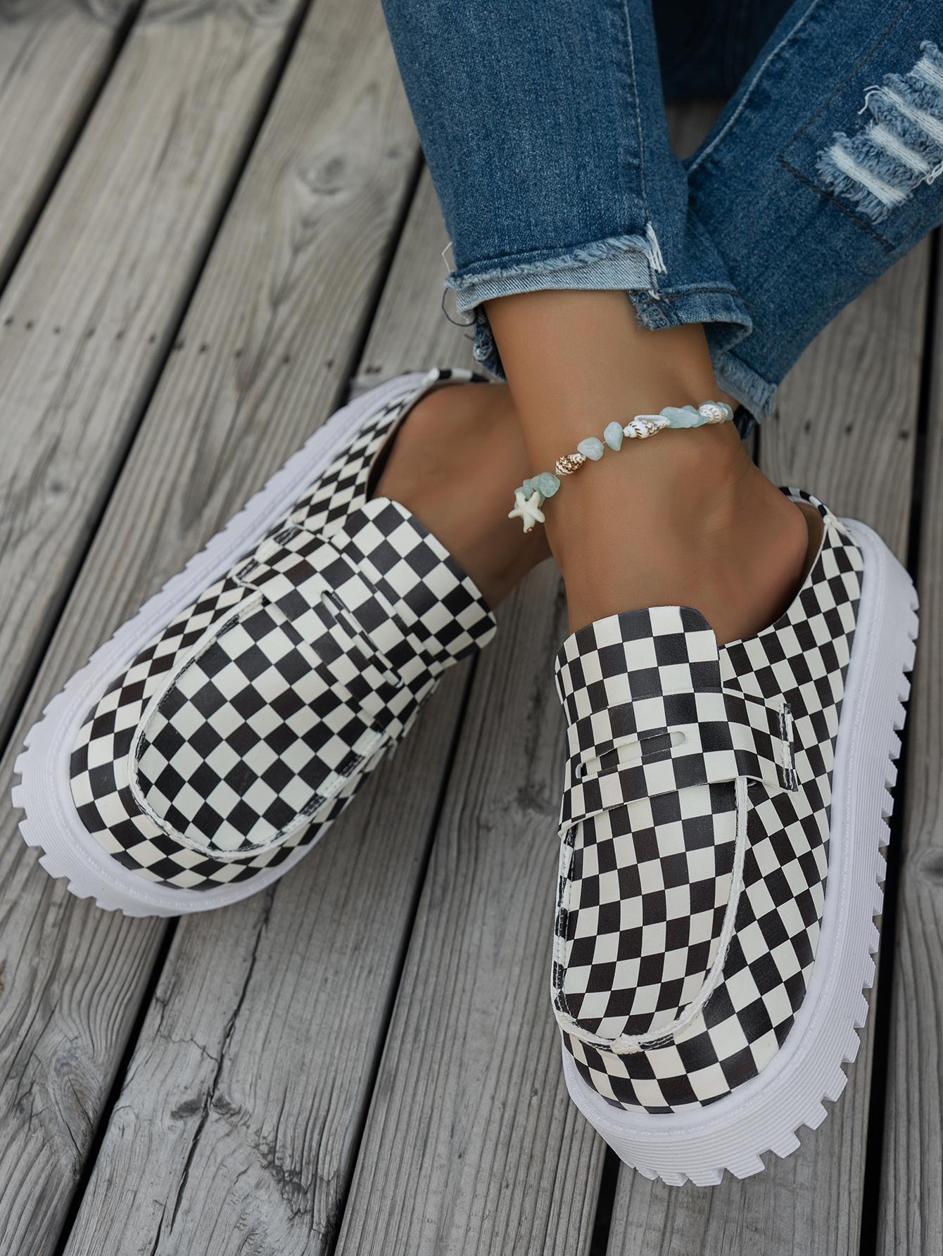 Summer New Checkered Slip-On Comfortable Half Sandals, Checkerboard Slip On, Women's Casual Shoes, Casual Plaid Shoes, Trendy Footwear for Daily Wear, Stylish and Practical Design