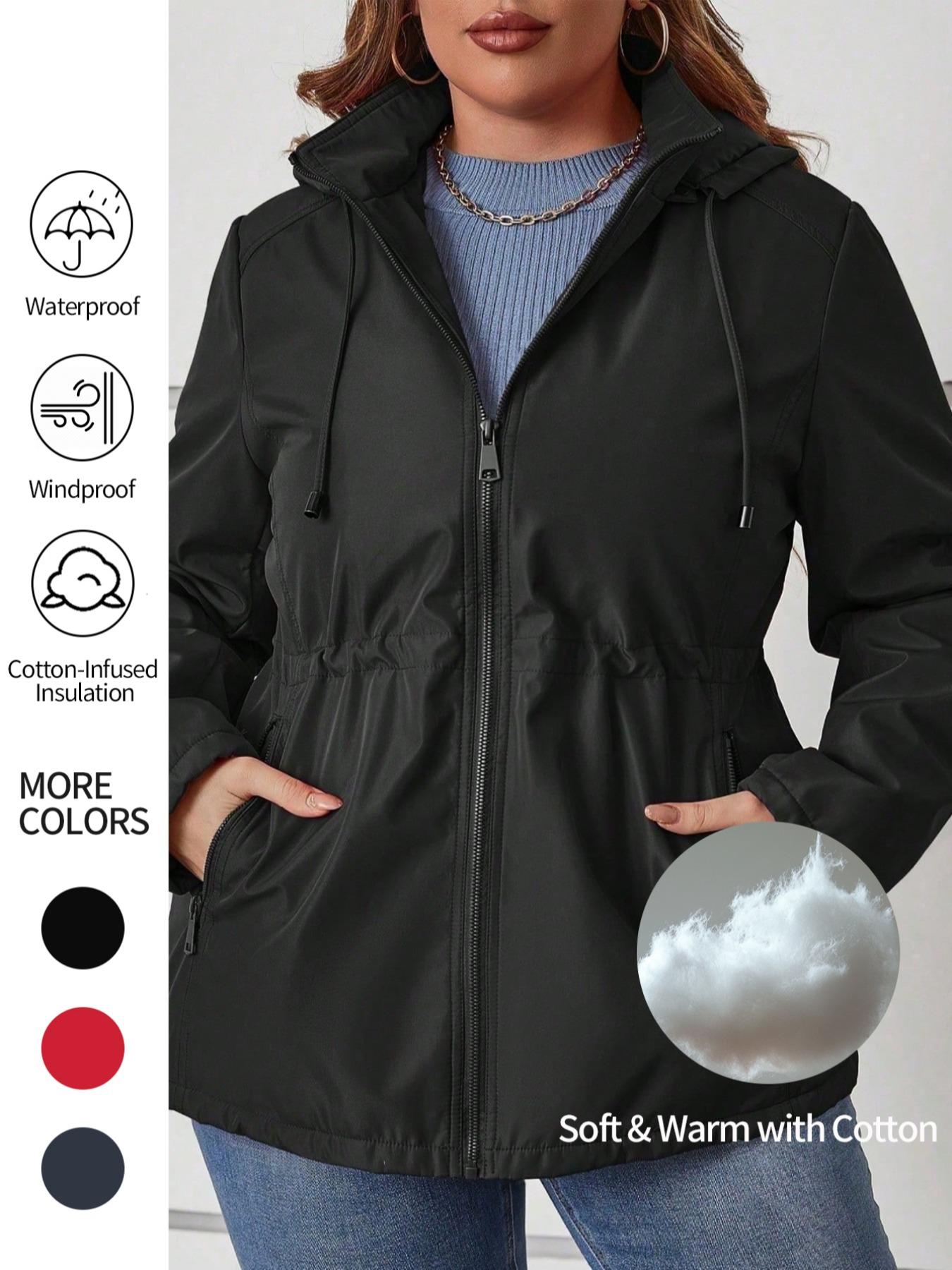 Women's Plus Size Cotton Jacket, Hooded Spring Fall Coat, Waist Drawstring Pocket Casual Outerwear, Warm Winter Thin Cotton Vest