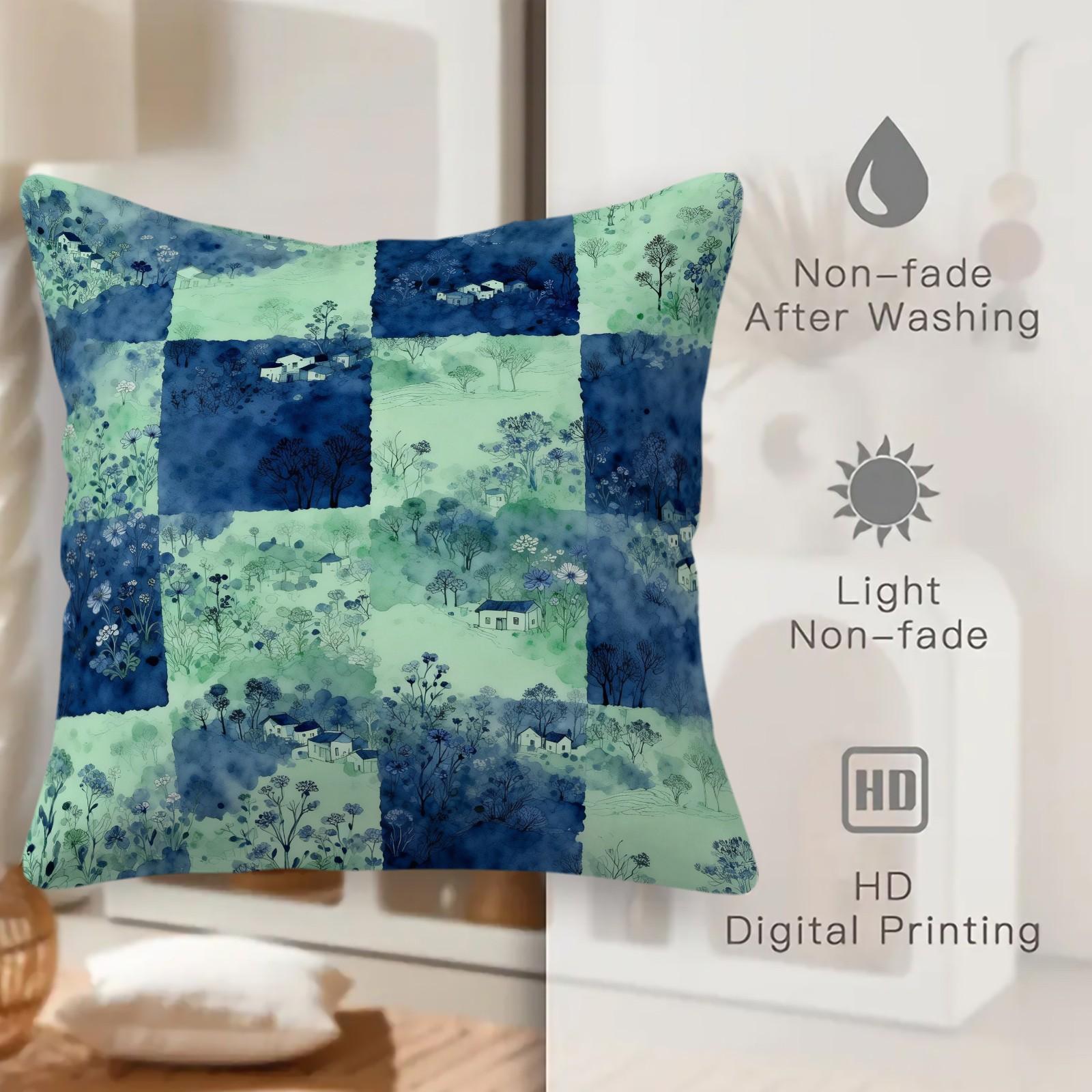1 Piece Watercolor Landscape Checkered Throw Pillow, HD Digital Printed Cushion, Soft Cozy Accent Pillow for Sofa, Chair and Bedroom Decor with Invisible Zipper, Non-Fading