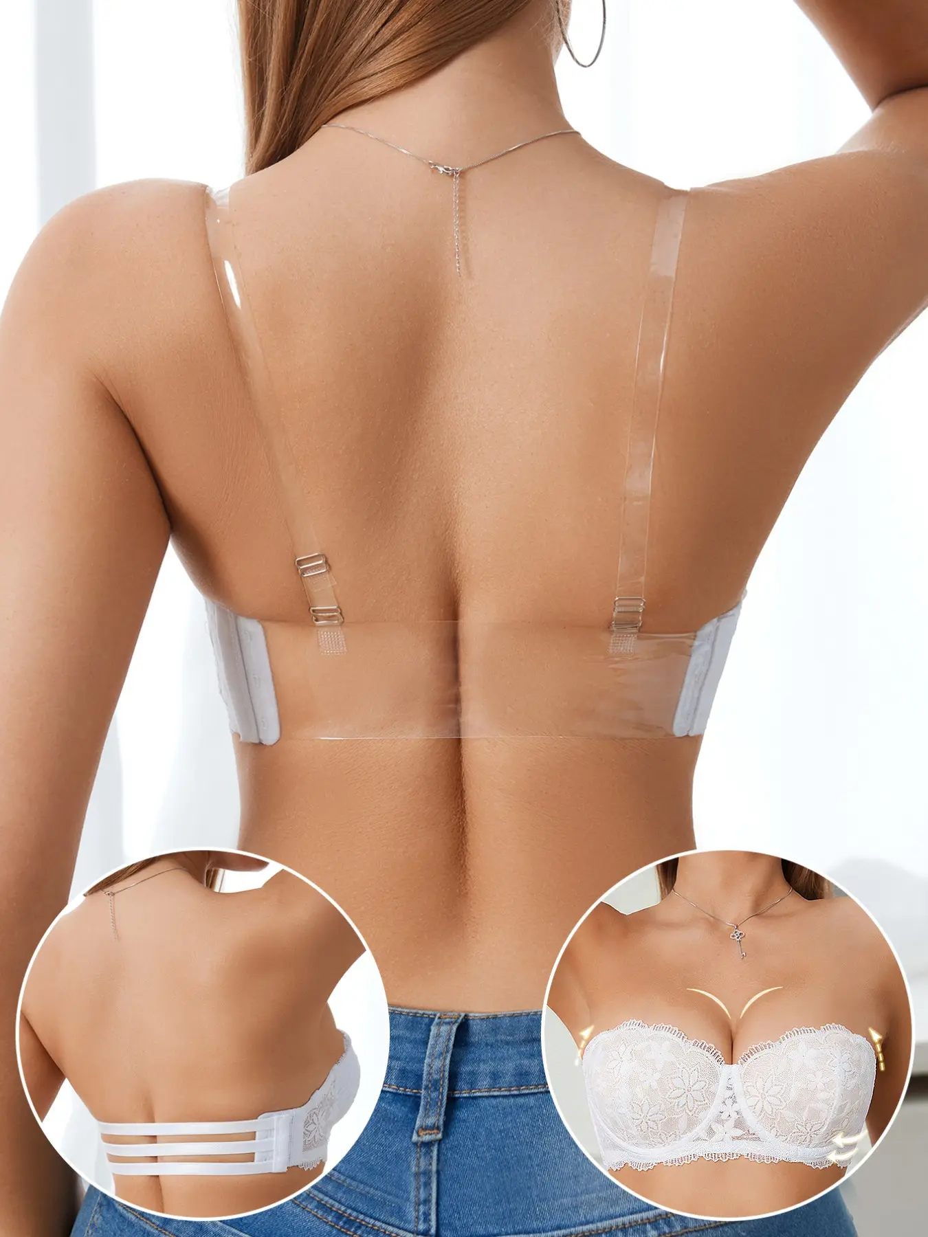 Women's Strapless Underwire Lace Backless Bra, Adjustable Strap Underwire, Push Up Invisible Medium Support,Multiway Detachable Straps Breathable Lace, Cross back,Daily Wear Backless, Chic, Elegant, Womenswear, Lace Bras, Convertible Bra