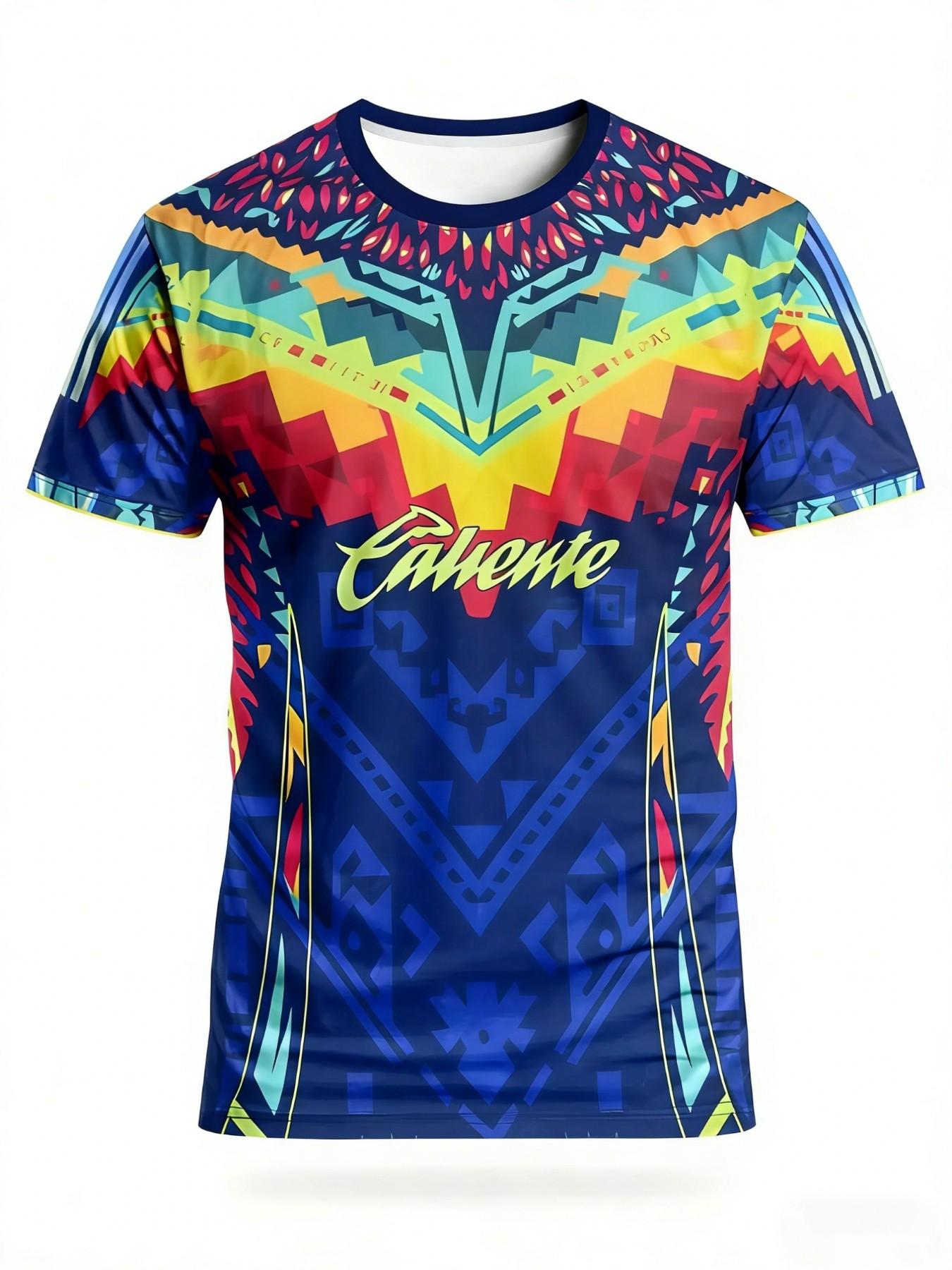 Men's Caliente Aztec Tribal Sport T-Shirt, Colorblock Street Style Round Neck Short Sleeve Top, Loose-Fit All-Season Clothing