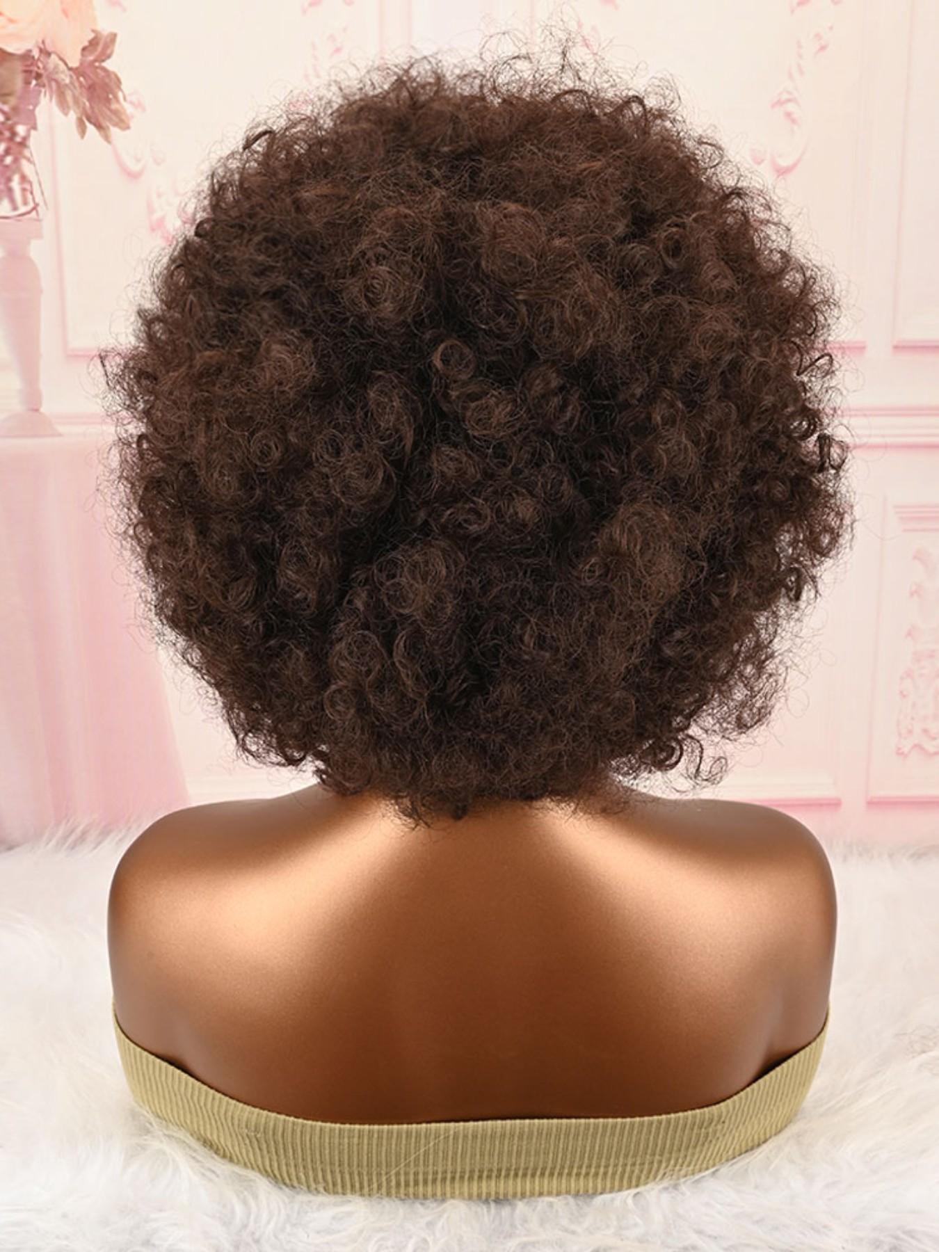 Chocolate Brown Fluffy Afro Synthetic Wig With Bangs High Temperature Fiber Short Kinky Curly Full Wig Retro Style For Women Party Cosplay Photoshoot