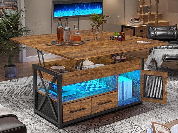 Sikaic 40 Inches 4 In 1 Lift Top Coffee Table With Storage Cabinet 2 Fabric Drawers & LED Light For Dining Room Livingroom Furniture Luxury Modern Interior