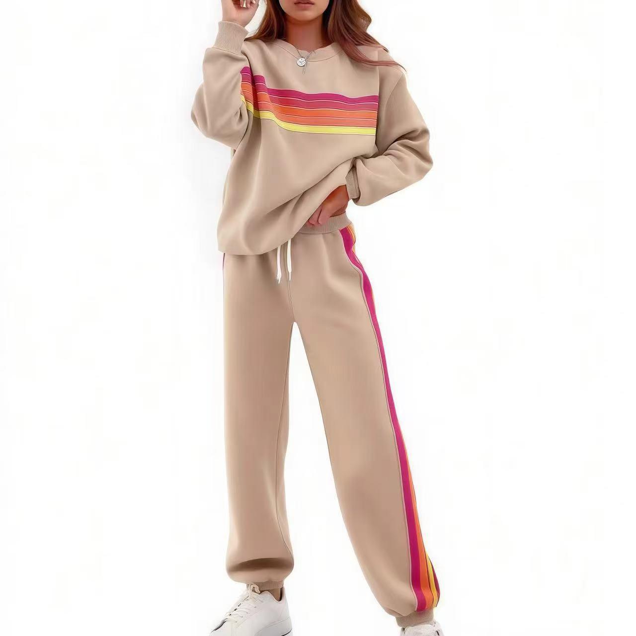 Women's 2-Piece Casual Street Chic Set - Long Sleeve Round Neck Sweater, Color Bar Loose Elastic Waist Pants, 2 Piece Pants Set Women, Loose-Fit