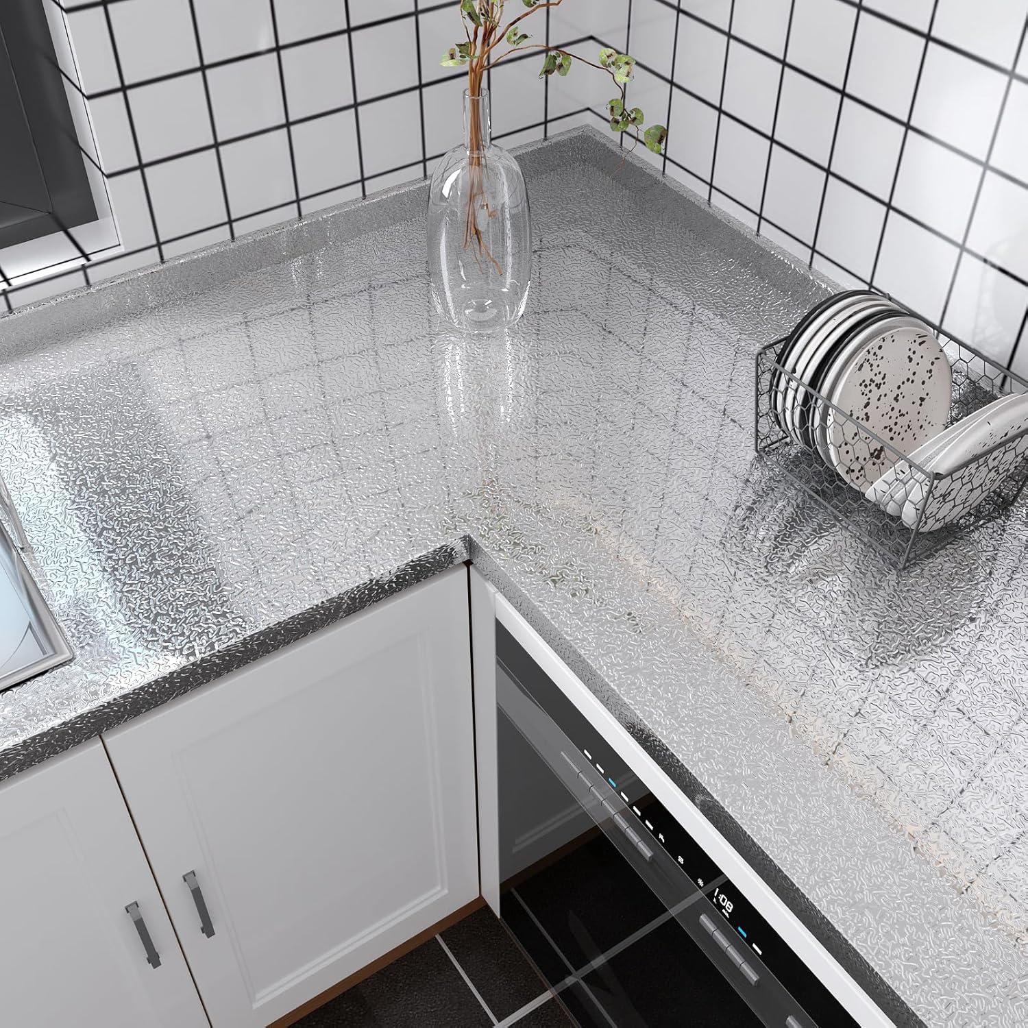 Marble Pattern Kitchen Backsplash, Peel & Stick Aluminum Foil Contact Paper, Oil-Proof Heat Resistant Wall Sticker, Marble Backsplash Wallpaper