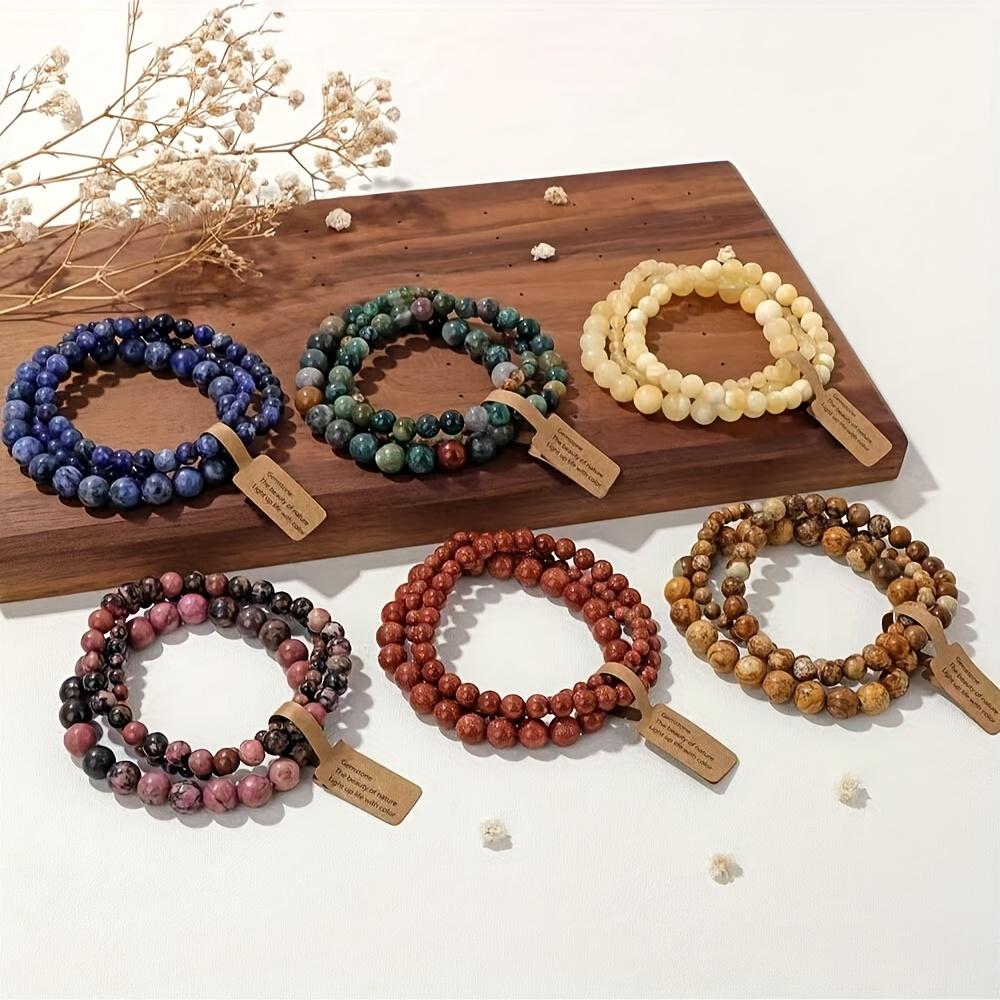 [Stone Bead Bracelets Set] Natural Stone Bead Bracelets Set - 3pcs/Set in 4Mm/6Mm/8Mm Sizes - Lucky Charm Bracelets - Couple Love Tokens - Natural Stone Wristband - Valentine's Day Gift