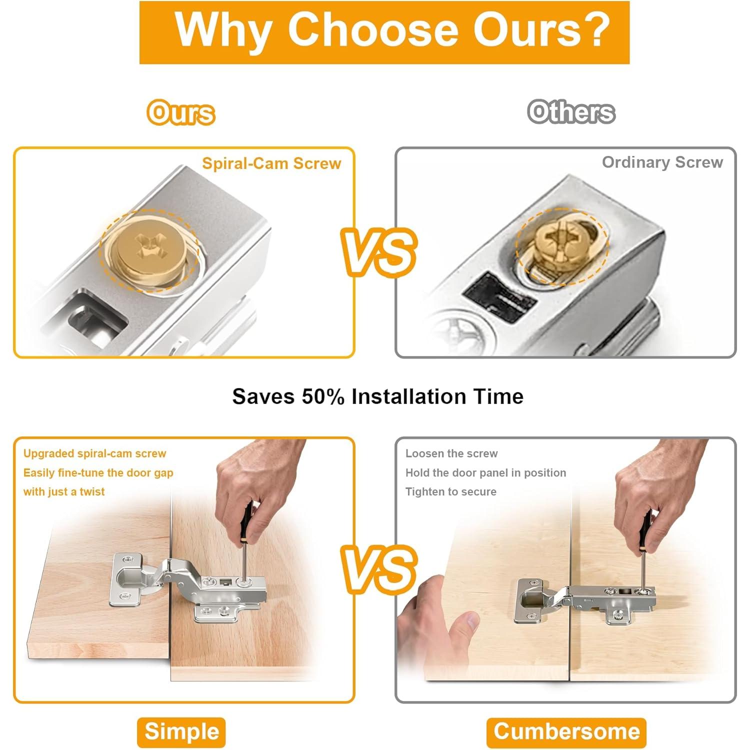 2 count Professional Grade Inset Soft Close Cabinet Hinges, Frameless Concealed European Style with Four-Hole Clip- Mounting Plate and Screws, Nickel Plated Finish