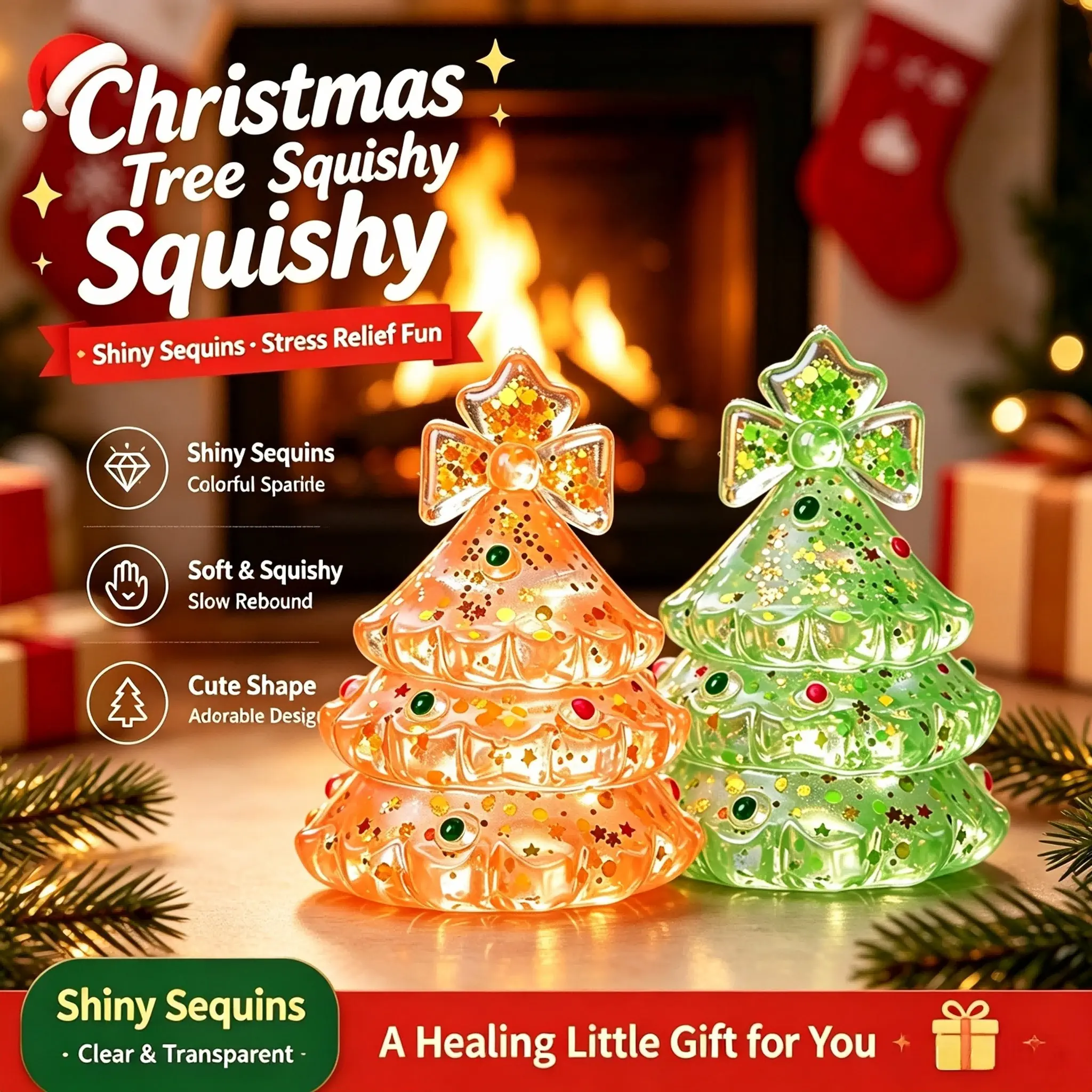 Multiple Christmas Tree Stress Relief Toys, Festive Atmosphere, Embedded Glitter Beads, Transparent Texture, Holiday Decoration Gift