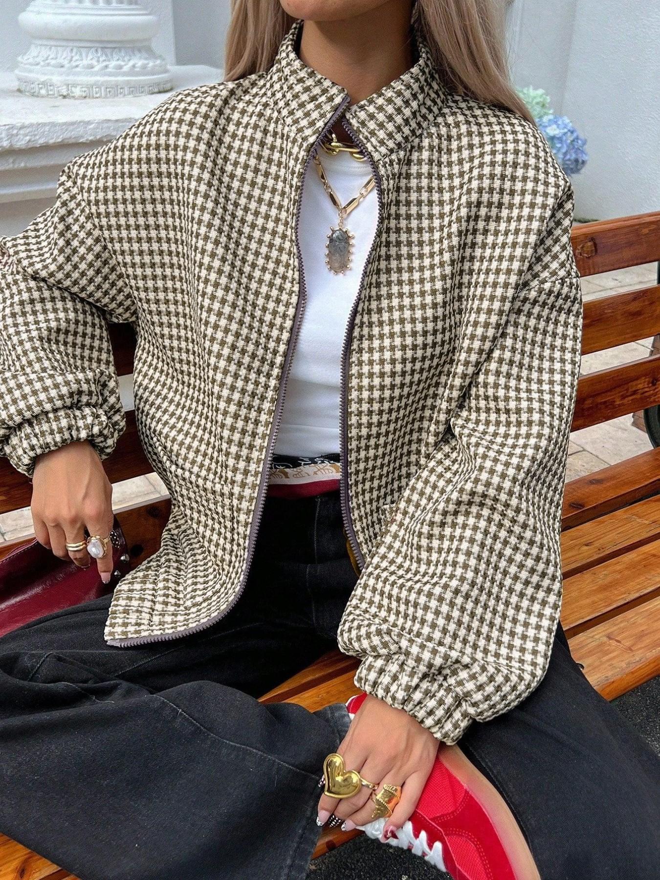 Women's Houndstooth Zippered Stand Collar Loose Fit Jacket, Casual Fall & Winter Outerwear, Plain Surface, Full Placket Top