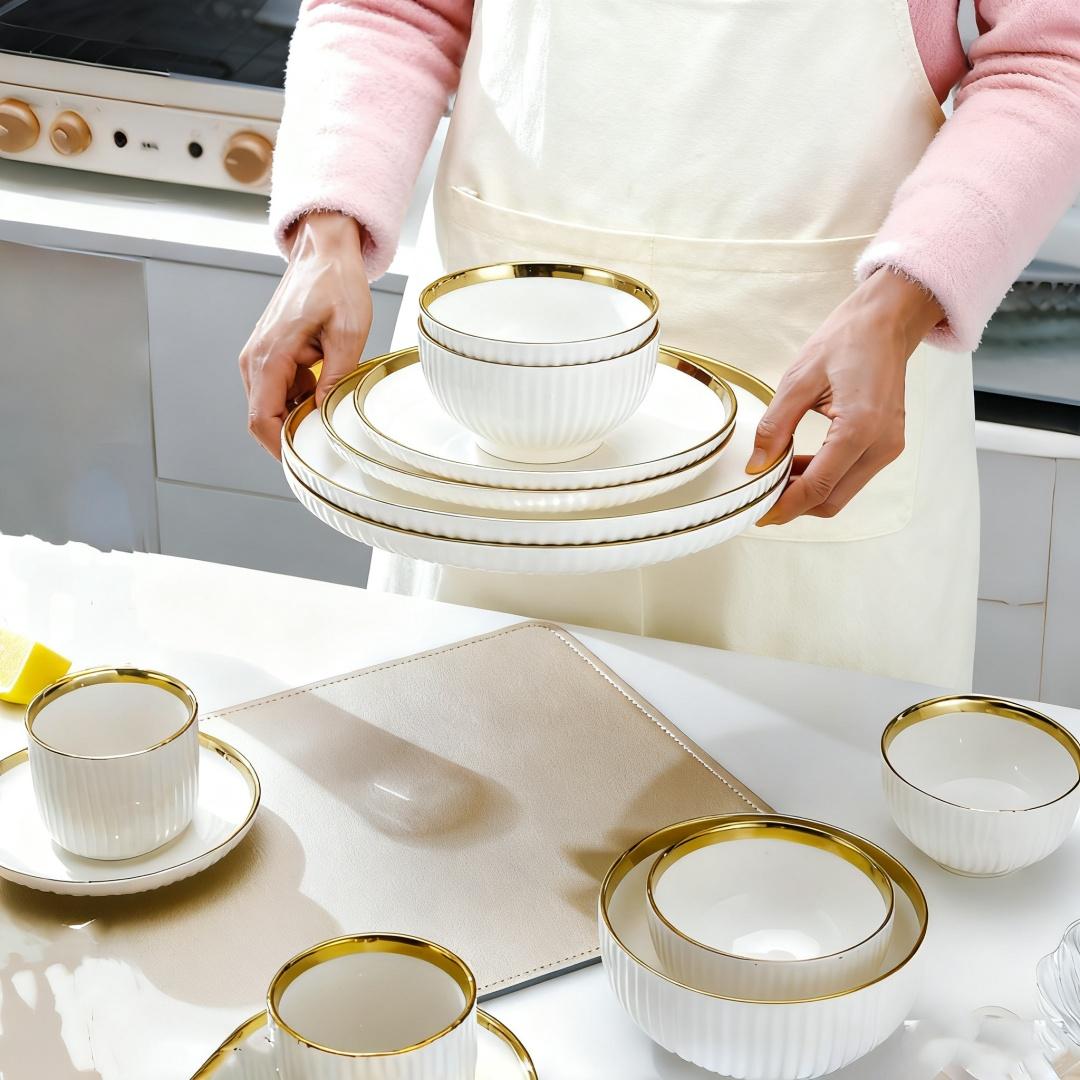 Multiple Ceramic Tableware Sets - Customize Your Own Combination, Vertical Stripes, Suitable for Multiple People, Dishwasher & Microwave Safe, Ceramic Dinnerware Set