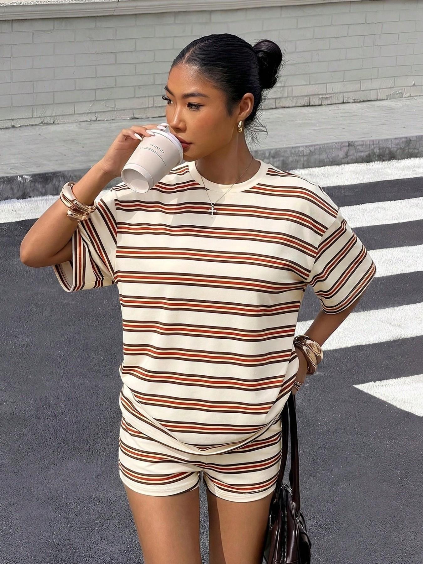 Women Two Piece Loungewear Set, Multi Tone Striped Tee & Mini Shorts, Soft Stretch, Casual Streetwear, Home, Comfortable Daily Wear