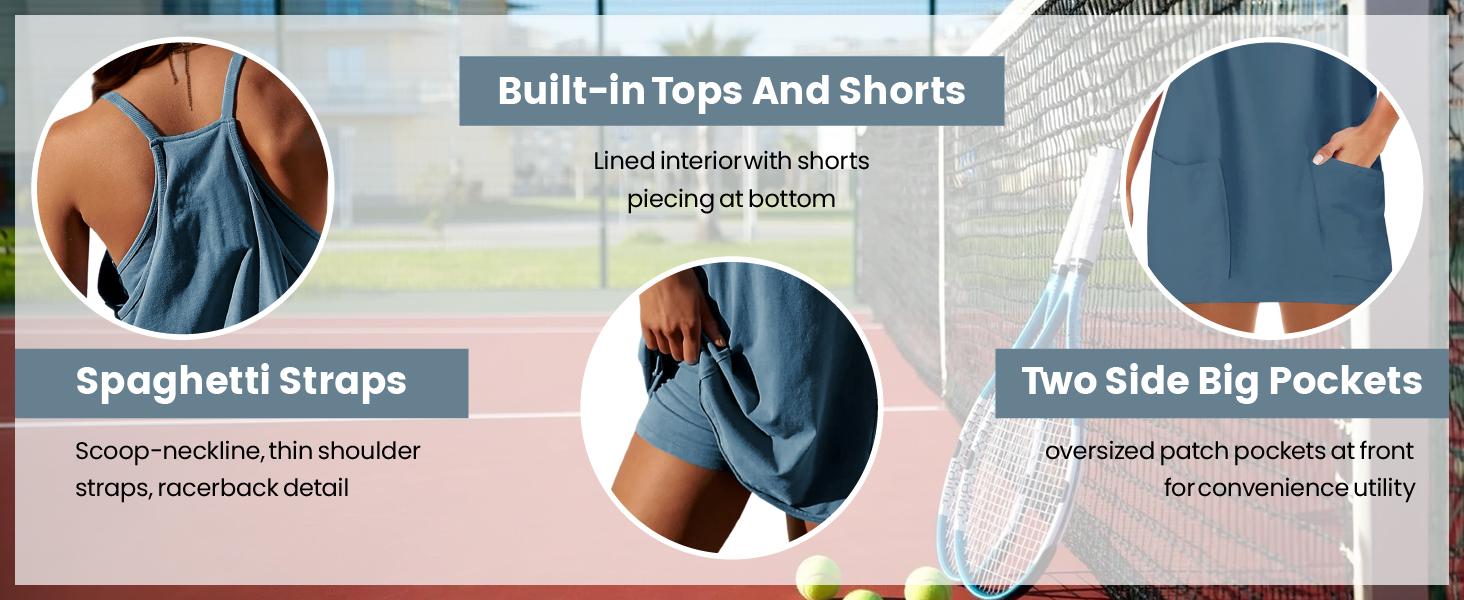 SCUSTY Women's Summer Sleeveless Mini Dress with Built-in Shorts V Neck Spaghetti Straps Athletic Shorts Tennis Dress with Pockets SCUSTY Women's Summer Sleeveless Mini Dress with Built-in Shorts V Neck Spaghetti Straps Athletic Shorts Tennis Dress with Pockets