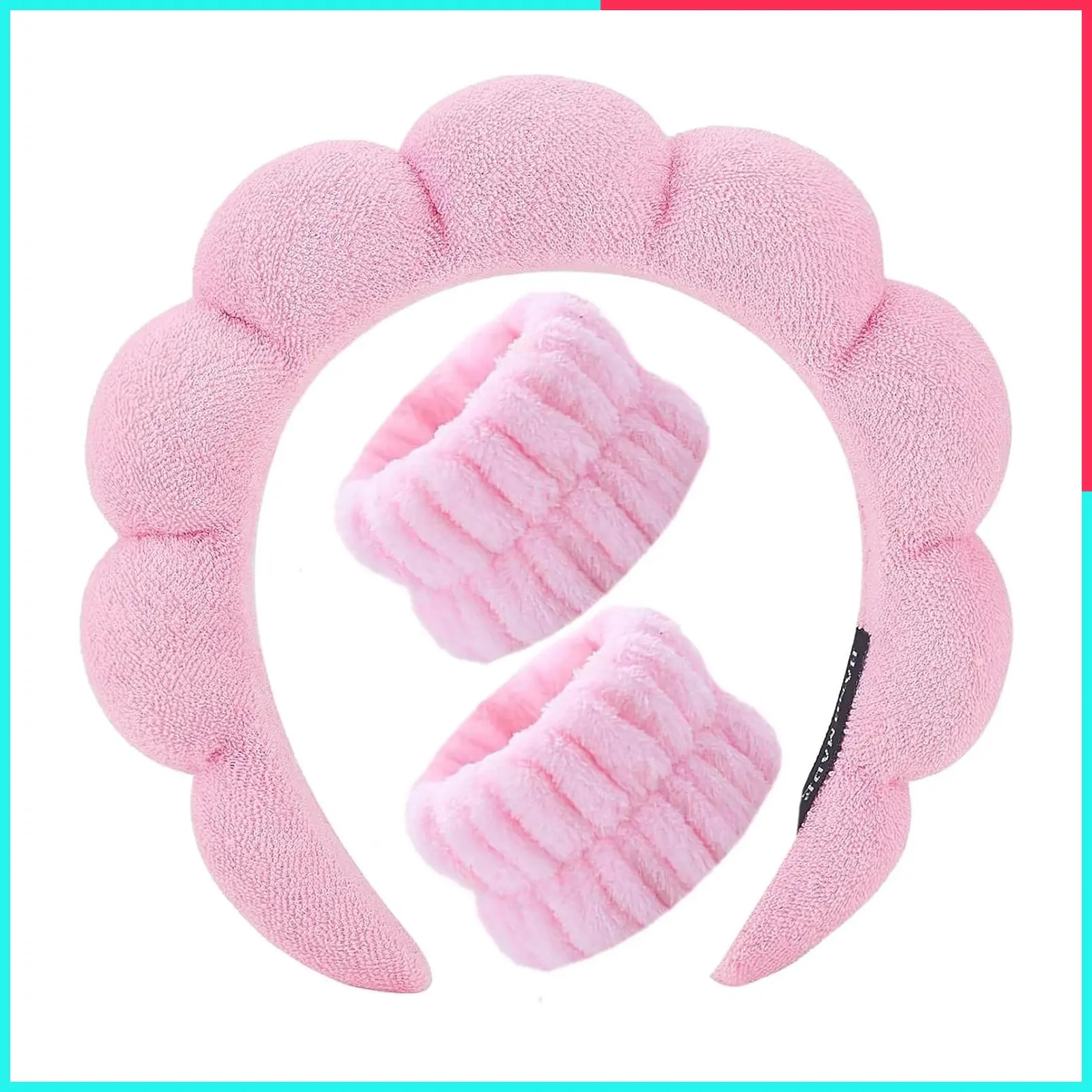 Soft Puffy Bubble Spa Headband and Wristband Set for Women Girls - Face Washing, Makeup, Skin Care, Shower Towel Hairband