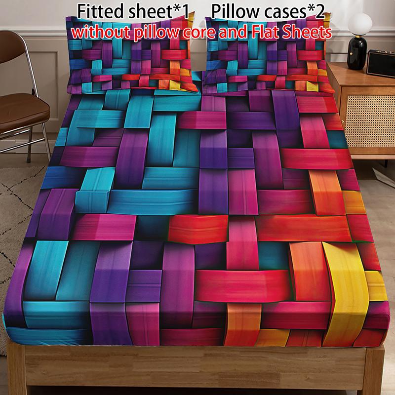 [Weekly Deals] 3-piece multi-pattern fitted sheet set (fitted sheet*1 +Pillow cases*2),deep pocket 15 inches machine washable,low allergenic,high quality mattress protector for bedrooms,dorm rooms,HD printed all-season room decoration Reversible summervib