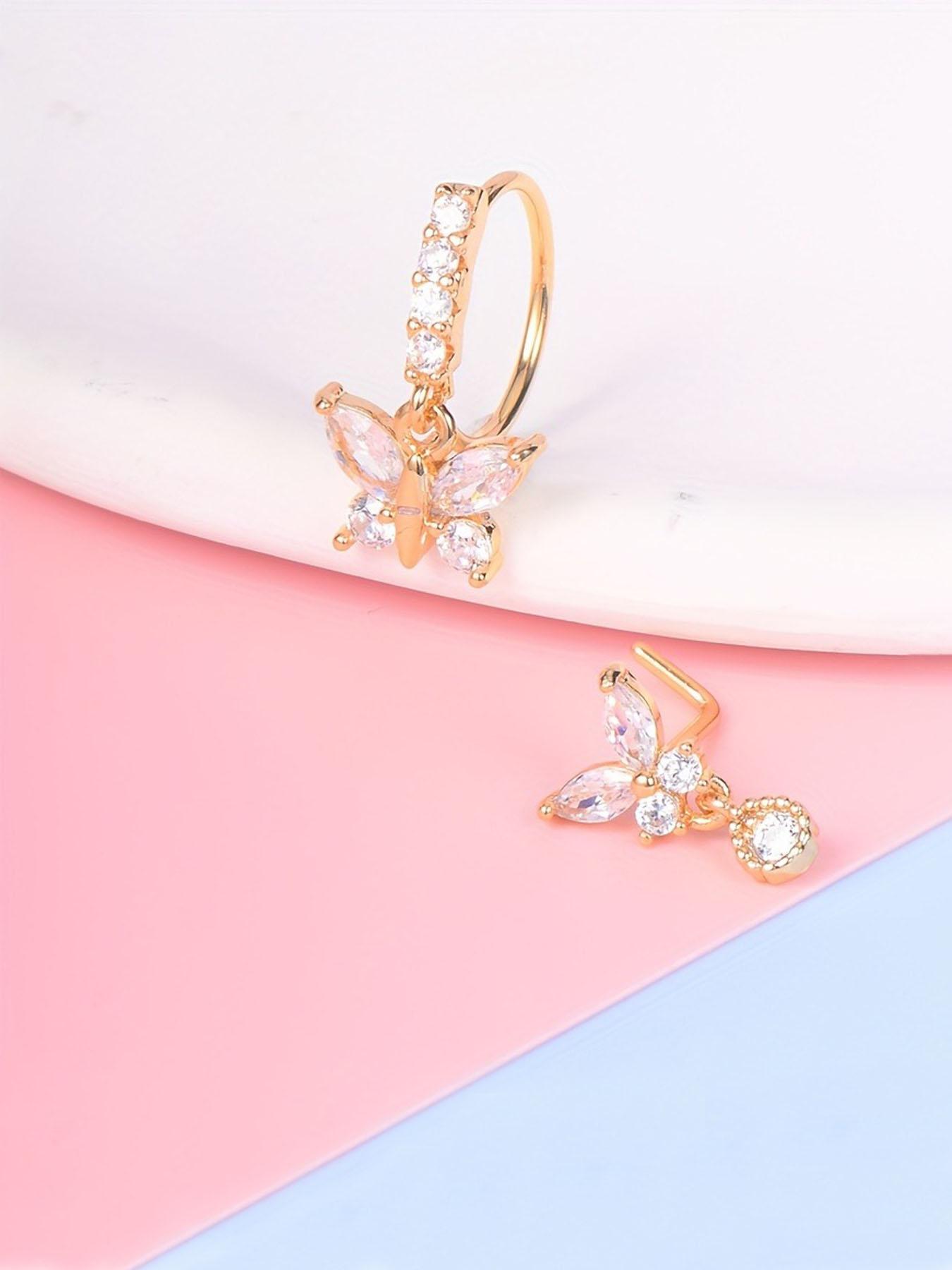 Summer Rhinestone Decor Heart Design L-shaped Nose Studs, Nose Piercing Jewelry, Nose Ring Jewelry, Daily Back To School