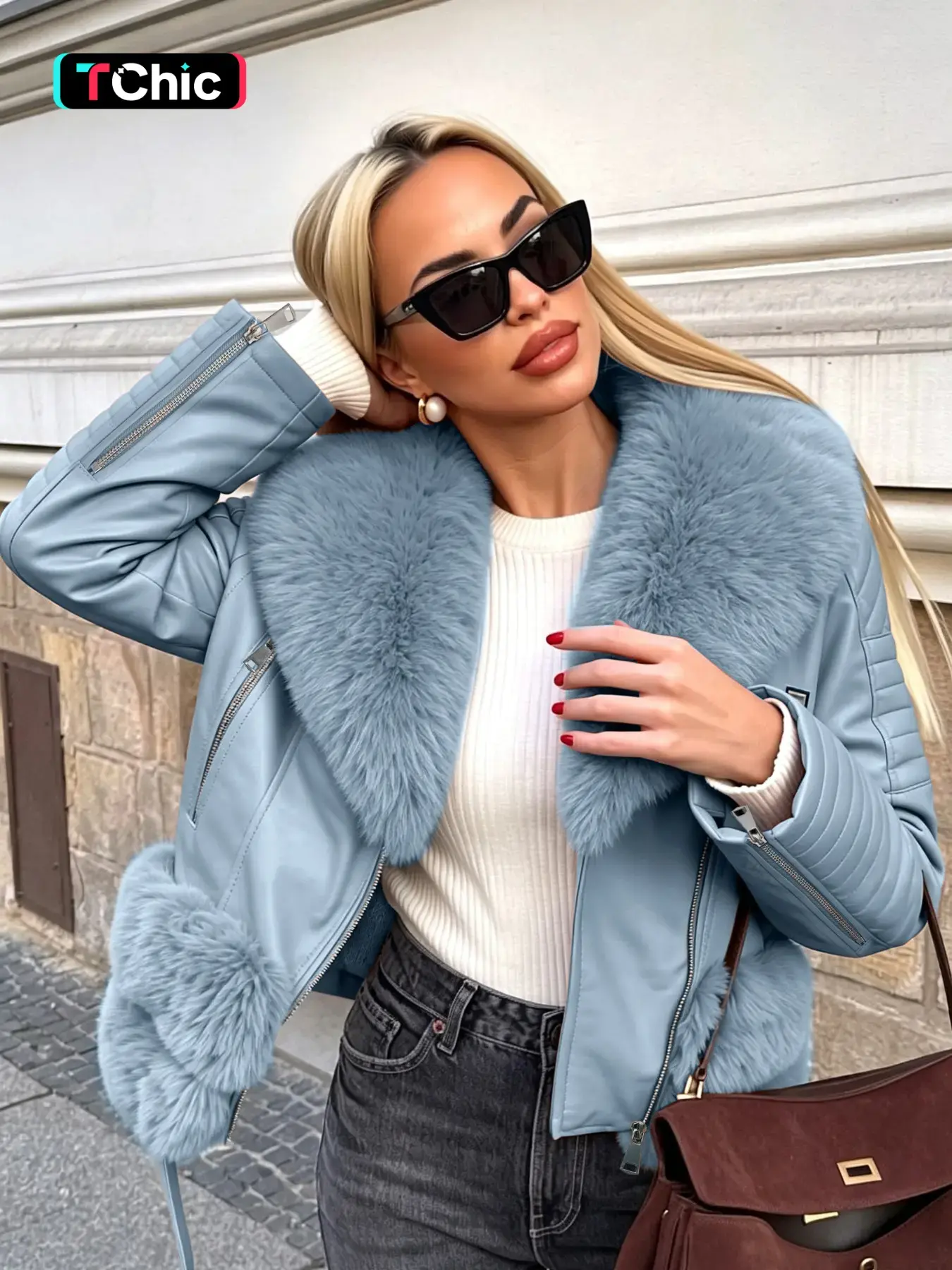 Women's Fall Winter PU Faux Fur Jacket, Fall Outerwear, Aesthetic Vintage Style Fitted Long Sleeve Coat, Warm Daily Wear with Adjustable Waist Belt, Casual Plain Design Womenswear