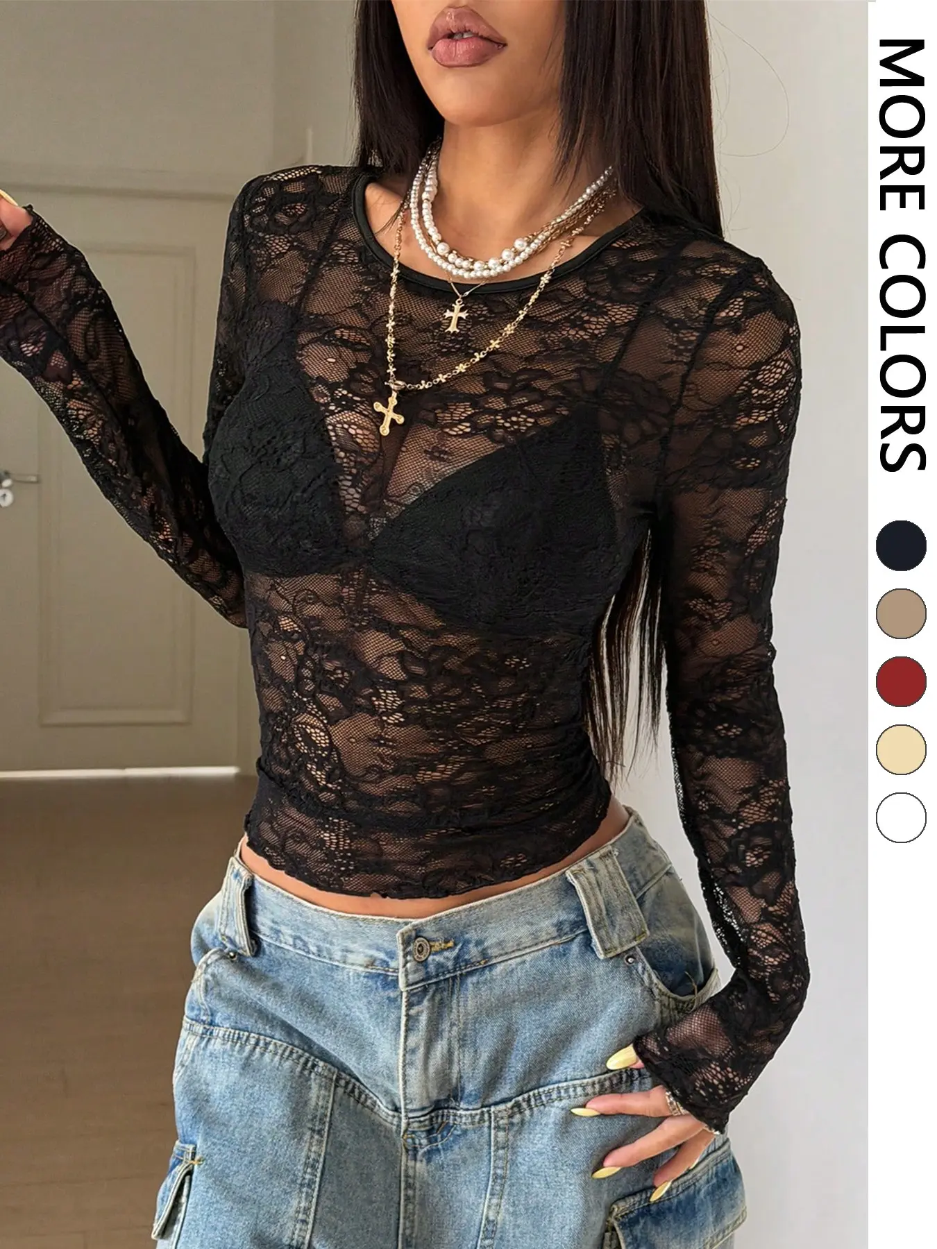 Lace Transparent Sheer Long Sleeve Top Women, Slim Fit Short Design, Layered Inner Wear, Street Style Hot Girl Daily