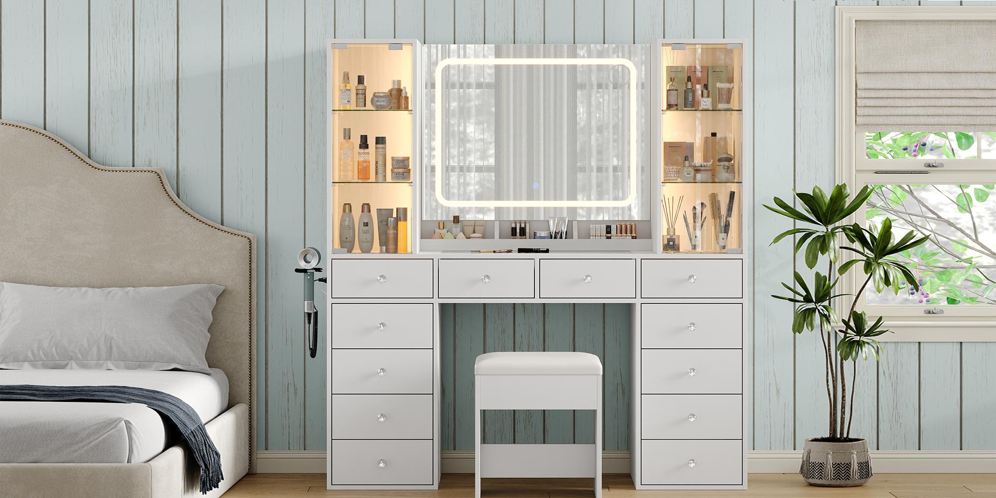 FUSOU 12 Drawers Makeup Vanity with Charging Station【Shipping By 2 Packages】Vanity Desk with LED Mirror & 2 Glass Cabinet, 3 Color Modes, Brightness Adjustable, Glass Top, Dressing Table with Chair for Bedroom (12 Drawers)
