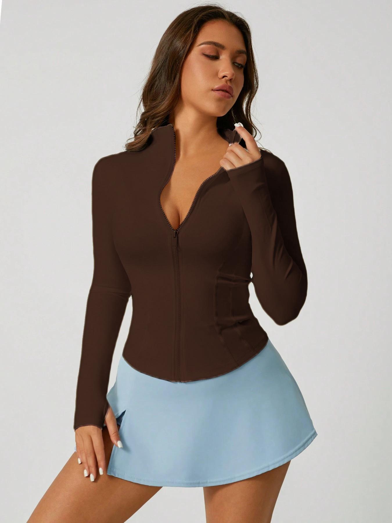Women's Solid Lightweight Zip Up Sports Jacket, Sporty Thumb Hole Long Sleeve Outerwear for Gym Workout Running, Ladies Modern and Comfortable Sportswear for All Seasons