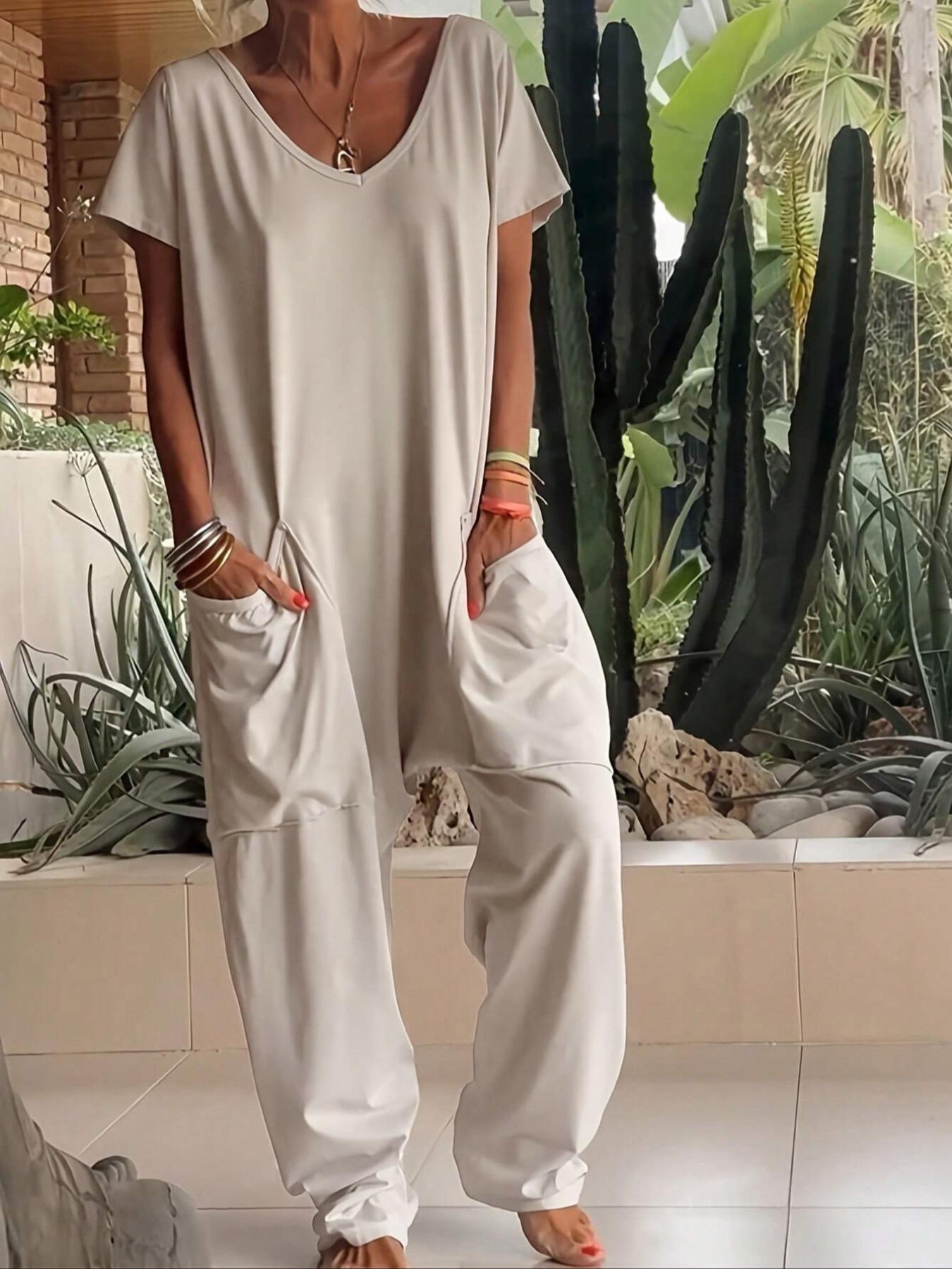 2026 Women's Casual Jumpsuit, Womenswear Short-Sleeve V-Neck Harem Pants, Loose Fit Wide Leg, Perfect for All Seasons, Stylish & Comfortable