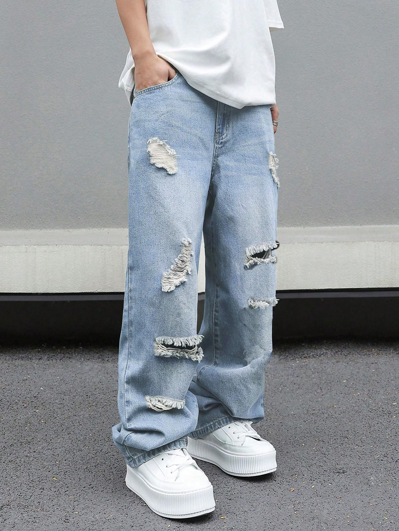 Men's Trendy Loose Fit Denim Jeans, American Vintage Ripped Casual Wide Leg Flared Jeans, Spring Summer 2026 Fashion