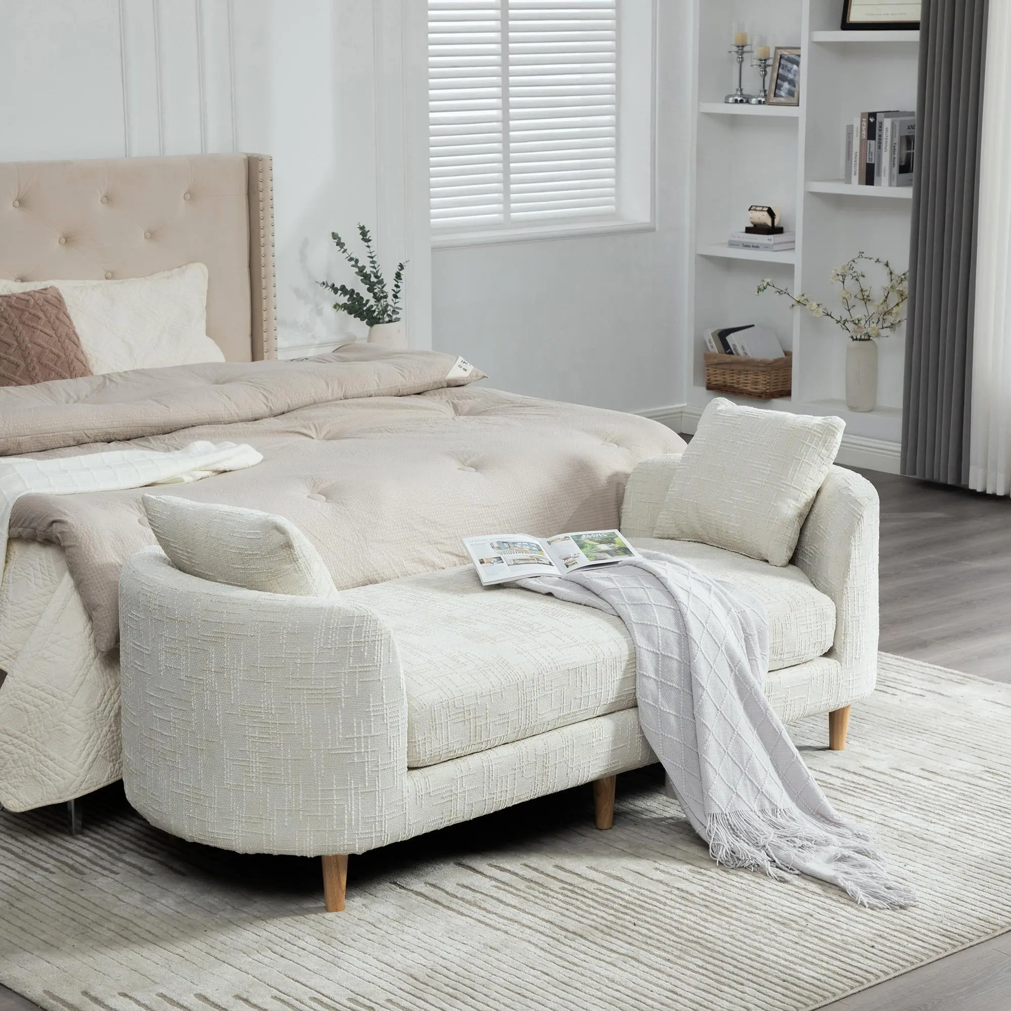 Modern Upholstered End of Bed Bench with Armrests, Beige Chenille Chaise Lounge with 2 Bolster Pillows and Rubberwood Legs for Bedroom or Living Room