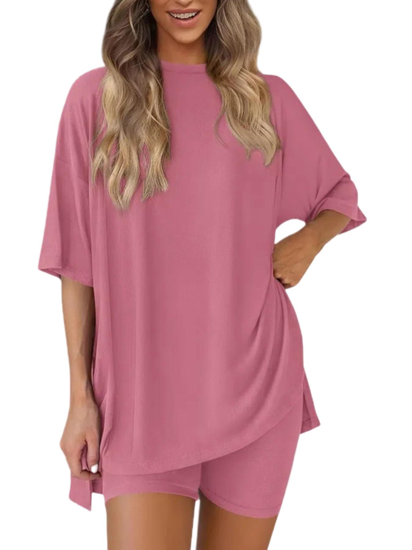 Women's Solid Color T-Shirt and Tight Shorts Lounge Set, Leisure Wear Top, Casual Comfortable Round Neck Sleepwear for Summer, Features Pockets and Suitable for Outdoor Wear