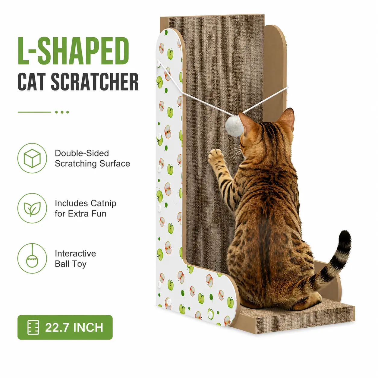 L-Shaped Cat Scratcher for Indoor Cats, 22.7 Inch Large Cardboard Cat Scratching Board, Double-Sided Cat Scratcher with Ball Toy & Catnip, Durable Cat Scratch Pad