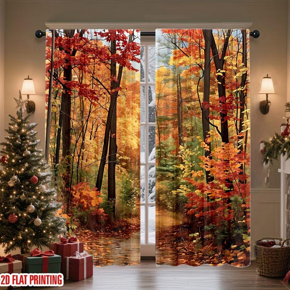 2Pcs Autumn Forest Pathway Window Curtains, Vibrant Fall Foliage Digital Print for Living Room, Bedroom, Study, Hotel, Restaurant Home Decoration, Light Filtering Privacy Protection