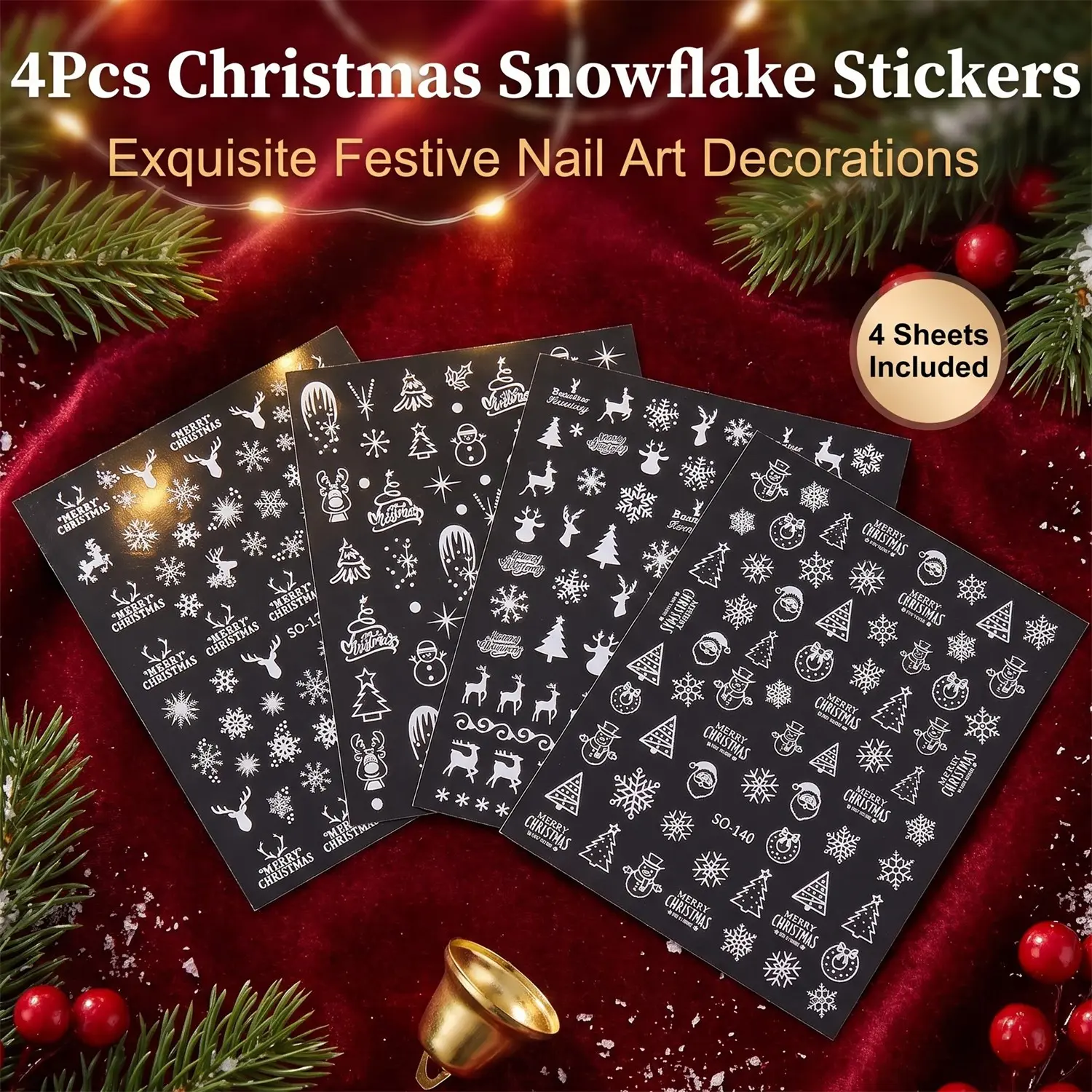 4 Pcs New Snowflake Nail Art Stickers, Shiny 3D Self-Adhesive Nail Decals, Christmas Winter New Year Nail Design, Holiday DIY Decoration Kit