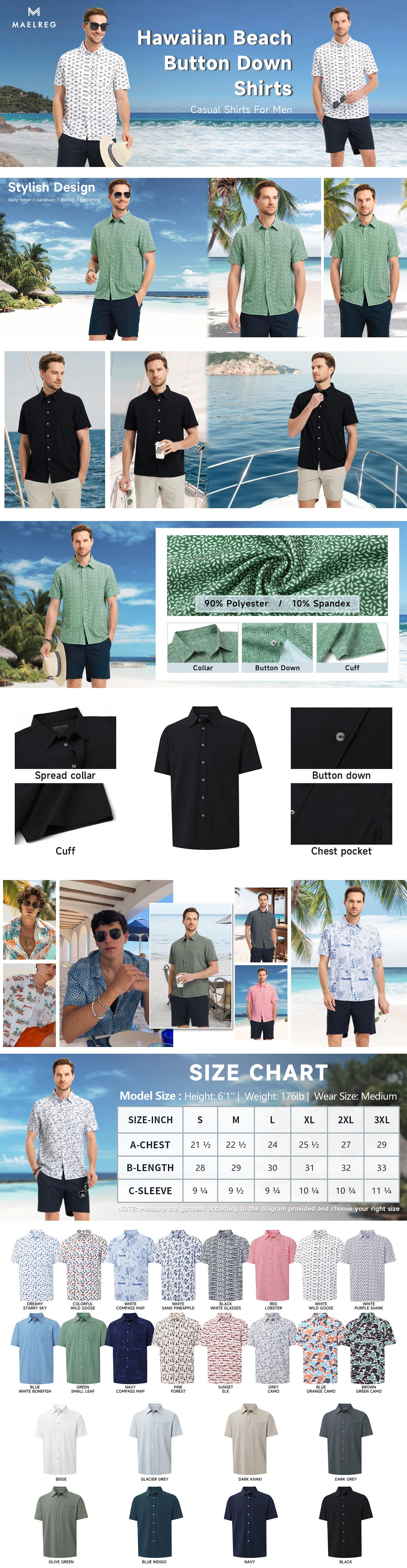 MAELREG Mens Hawaiian Shirts Short Sleeve Button Down Tropical Beach Floral Solid Print Summer Vacation Mens Casual Shirts Men's tops