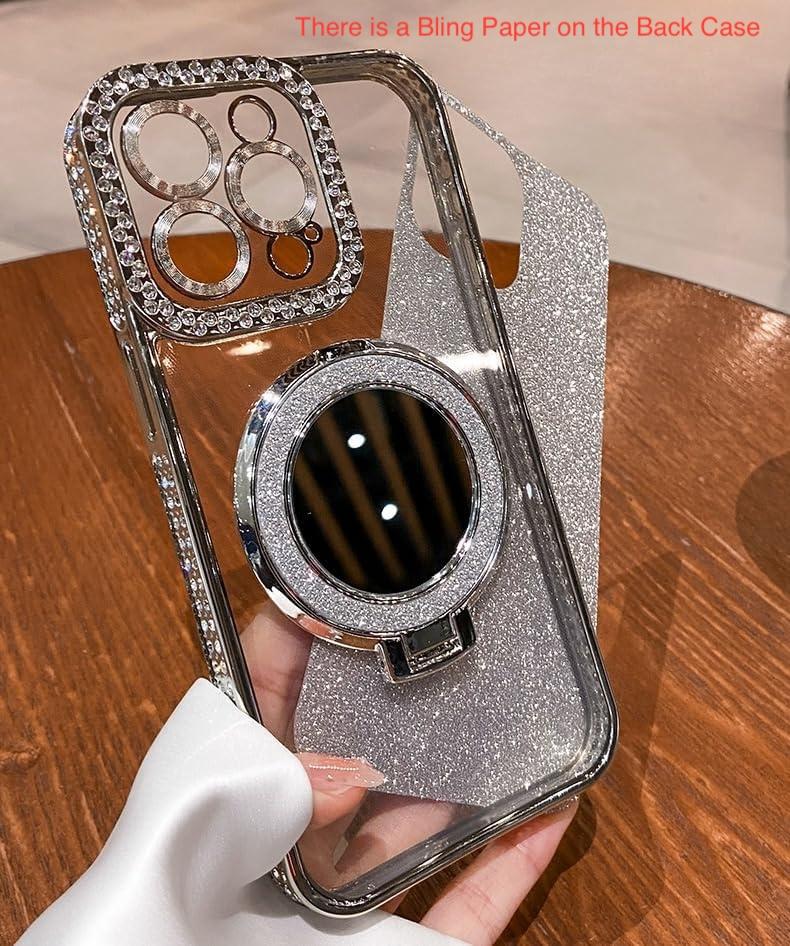 Mirror Kickstand Glitter Diamond Case for iPhone 16 15 14 13 12 11 Pro Max,Magnetic Stand Holder,Camera Lens Protector, Rhinesetone Bing Cover Case