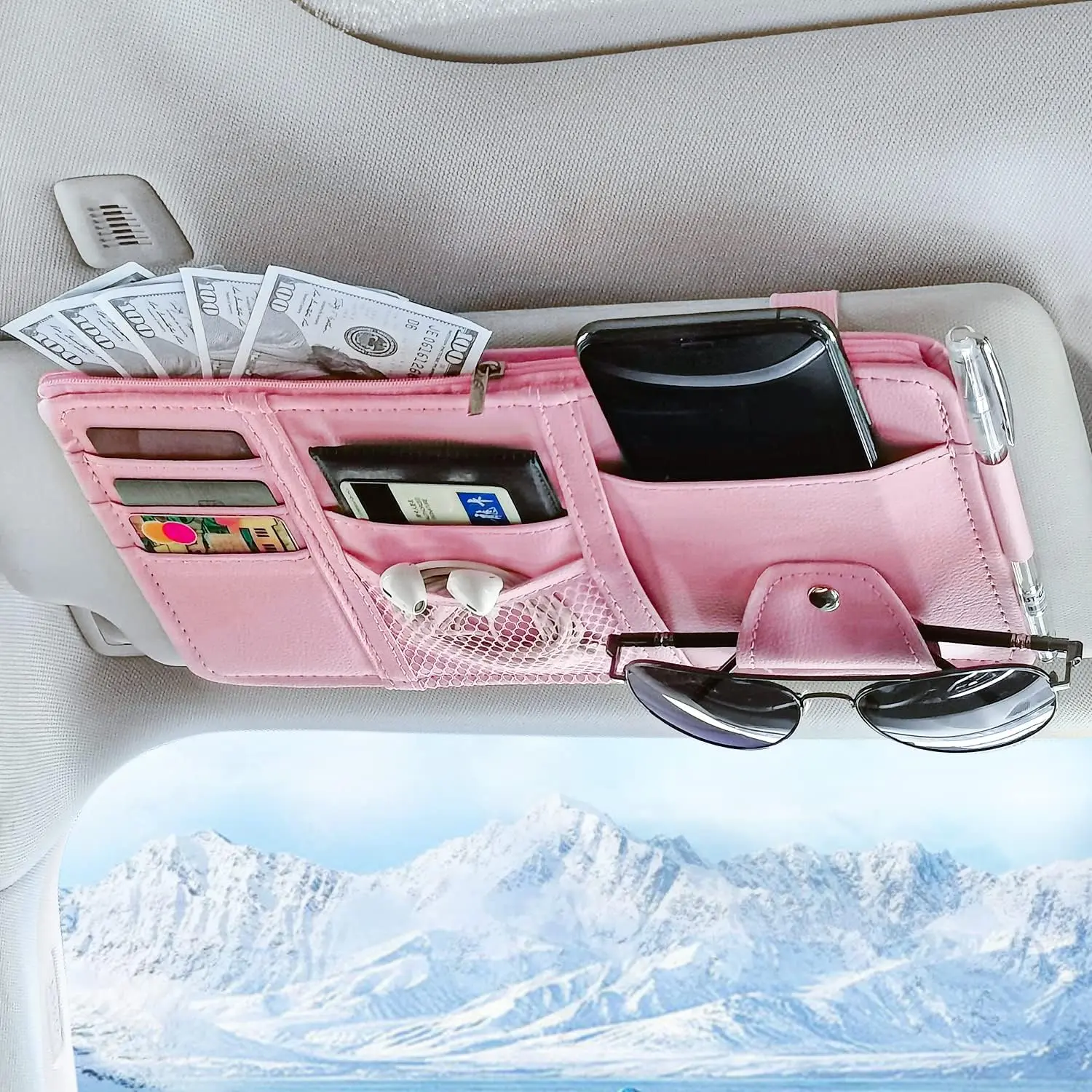 Sun Visor Organizer,  Visor Organizer  Sun Storage Pocket Pouch Case Bag for Sunglasses, Cards, Pens and Document -