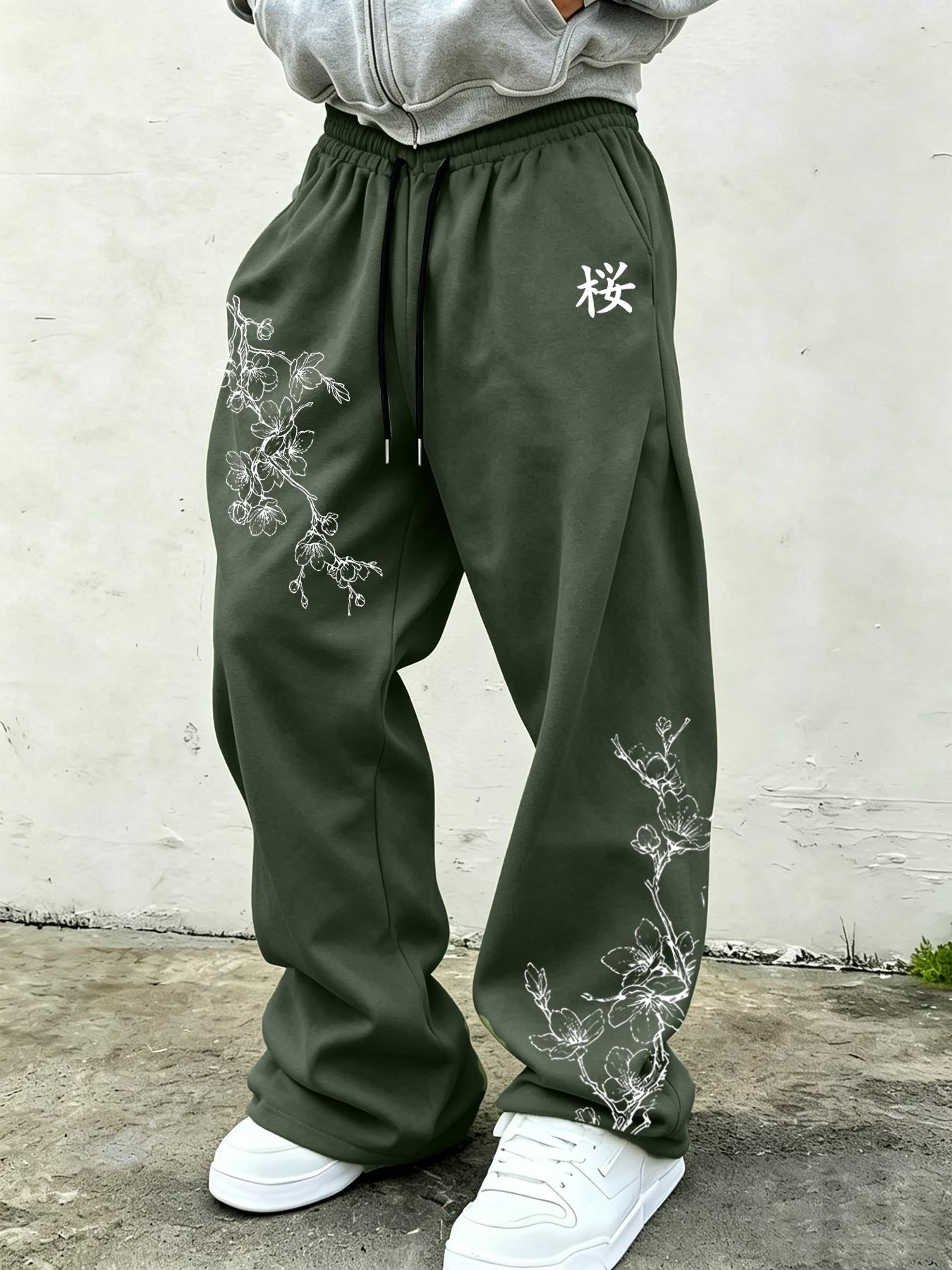 Men's Loose Fit Wide Leg Sweatpants, Cherry Blossom Print Casual Long Pants, Street Style Straight Leg, Athleisure Style Bottoms, Floral Print Sweatpants, Ideal for Daily Wear, Gym, Home, Travel
