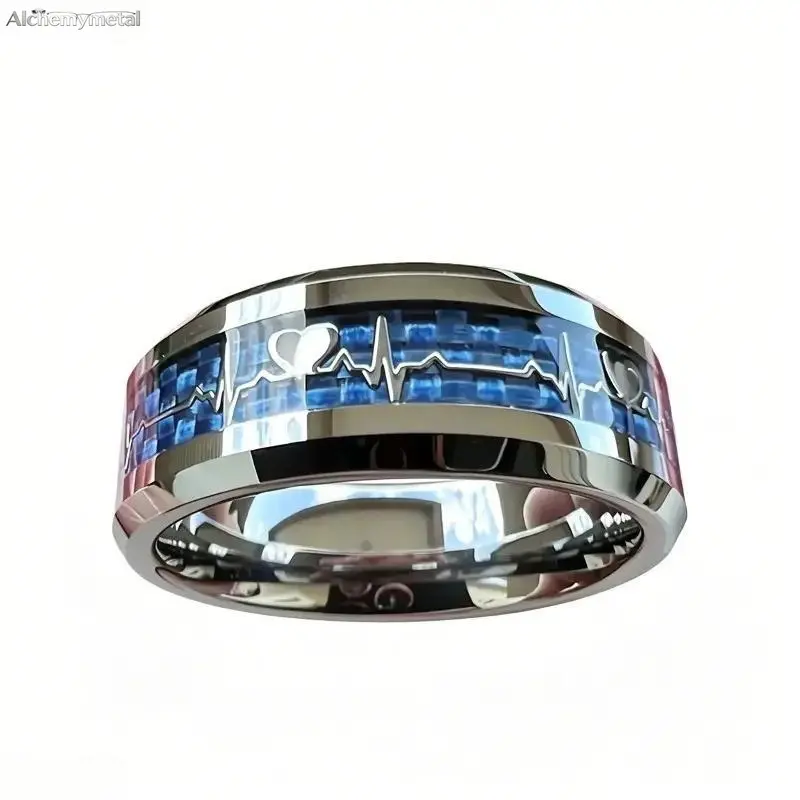 Unisex Modern Chic Stainless Steel Heartbeat Ring with Carbon Fiber Inlay - Polished Finish Sports & Outdoor Statement Jewelry for Anniversary, Daily Wear