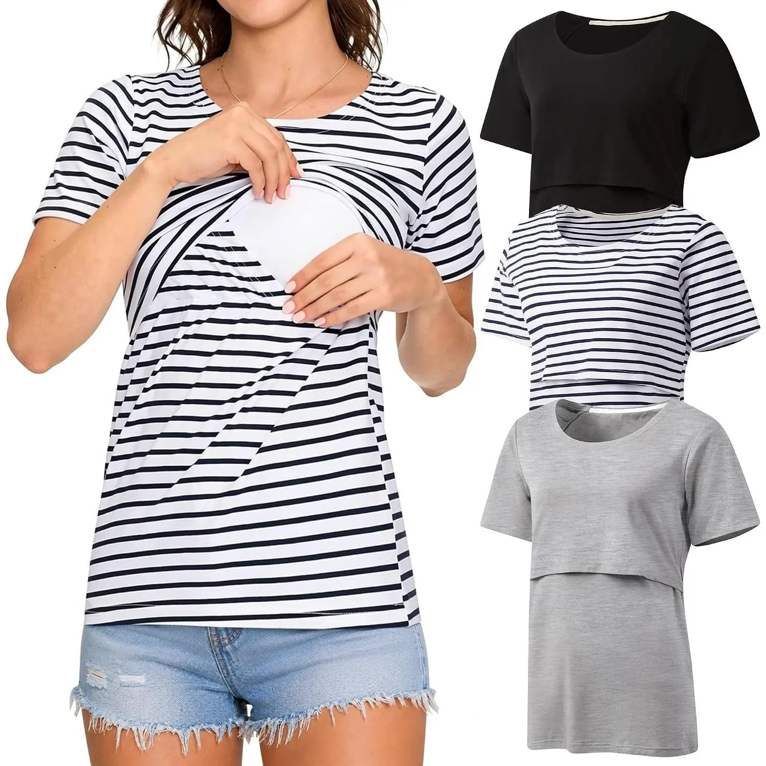 3 Pack Women's Nursing Tops, Breastfeeding Shirts Short Sleeve | Double Layer Nursing Access, Soft Breathable Fabric, For Daily Wear, Layering, Casual Outfits