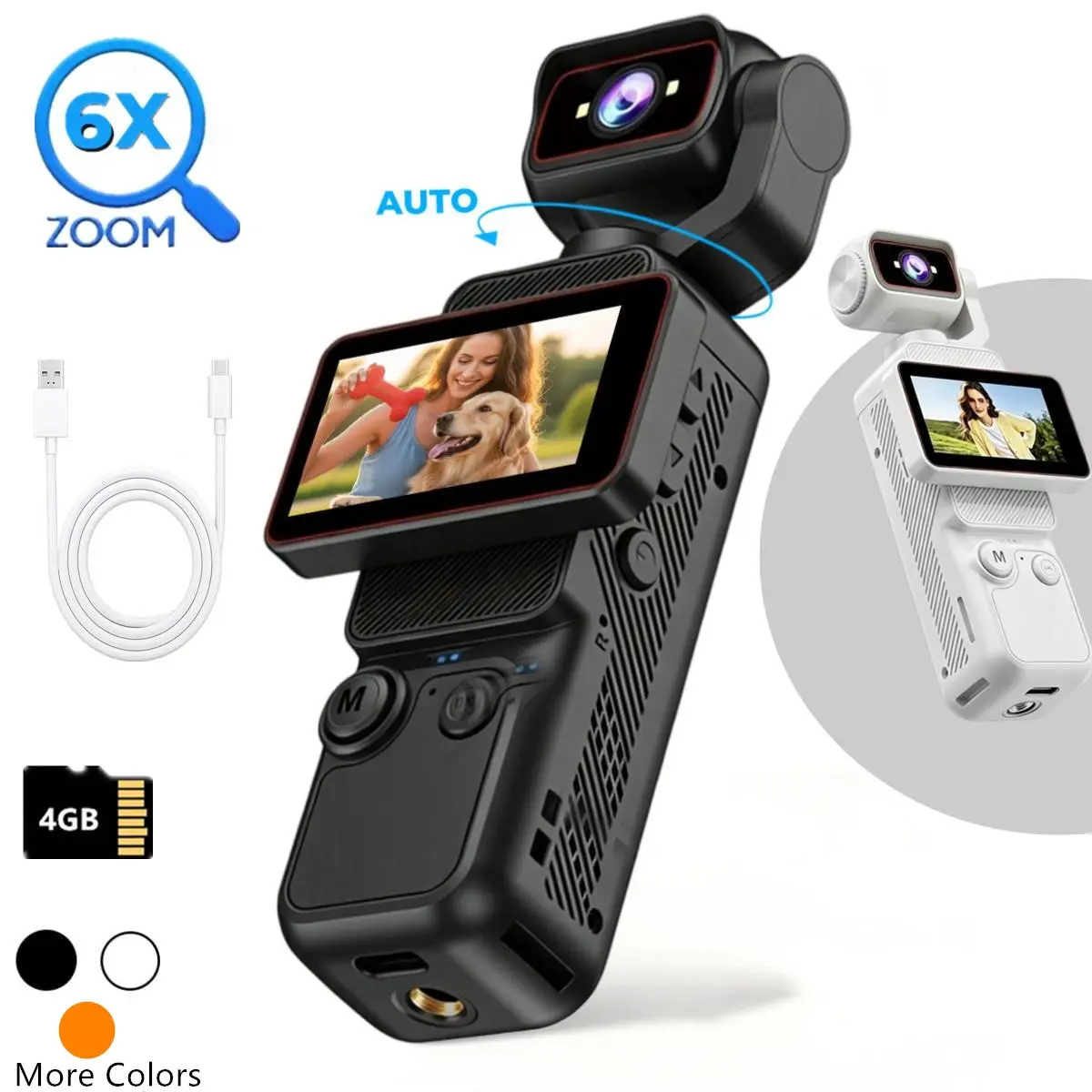 Portable Vlog HD Camera with Flip Screen & 180° Auto Rotating Lens,Pet Video Camera with WiFi Recording, Handheld Recording, 6X Zoom, Student Dedicated Vlogs & Outdoor Travel Essential, Men Gift, Camera for Vlogging
