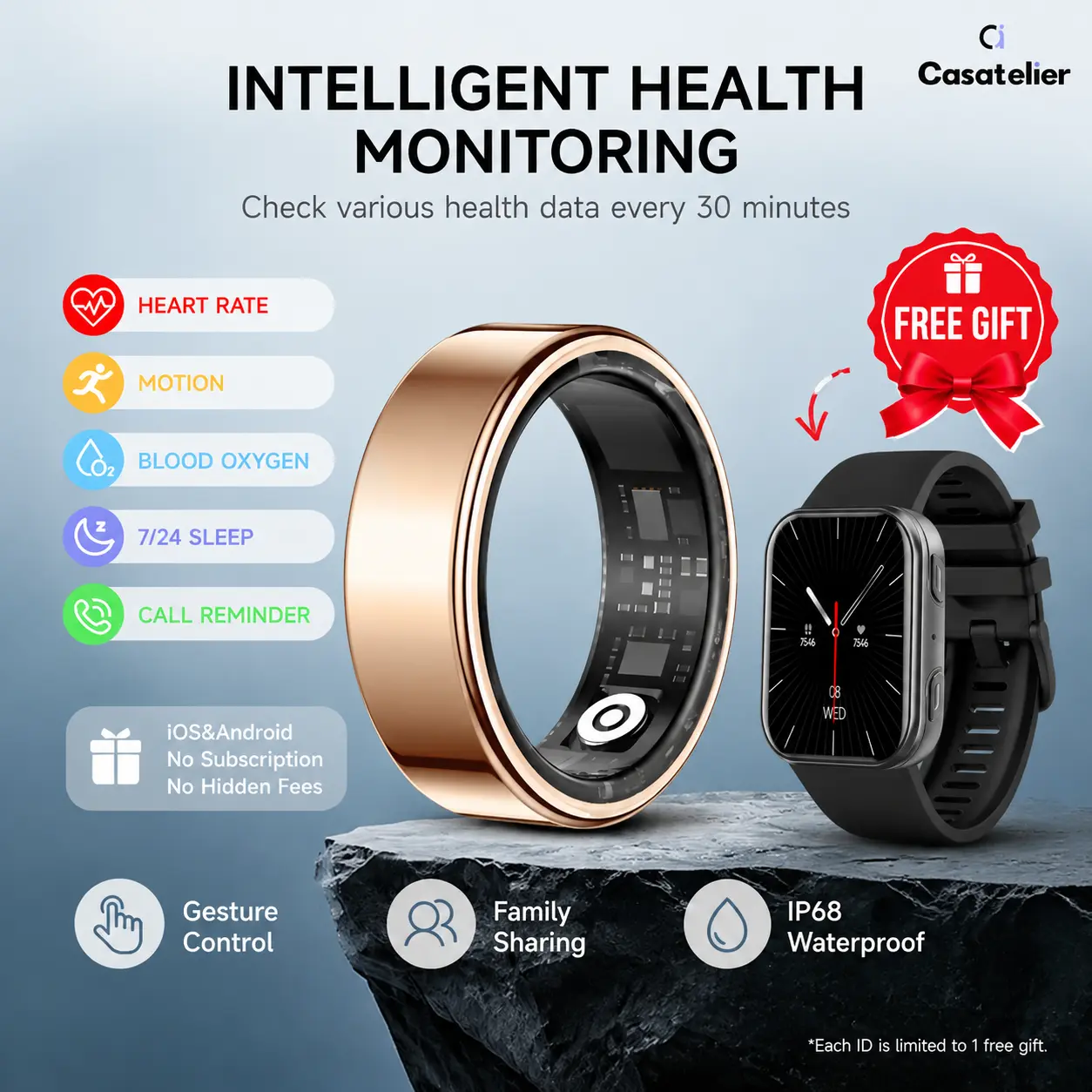 IP68 Rated Round Wireless Smart Ring for Men & Women, 0.4g Automatic Fitness Tracker with Accurate Heart Rate, SpO2, Sleep Tracking, Bluetooth, Free App, Text Notifications, iOS/Android Compatible (No Subscription)