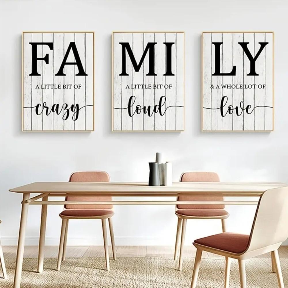 3-Piece Optional Wooden Frame Modern Simple Black White Family English Alphabet Typography Art Canvas Poster High Precision Color Micro-spray Moisture-proof Coating Clear Text No Color Difference Excellent Flatness Living Room Shared Space Decor