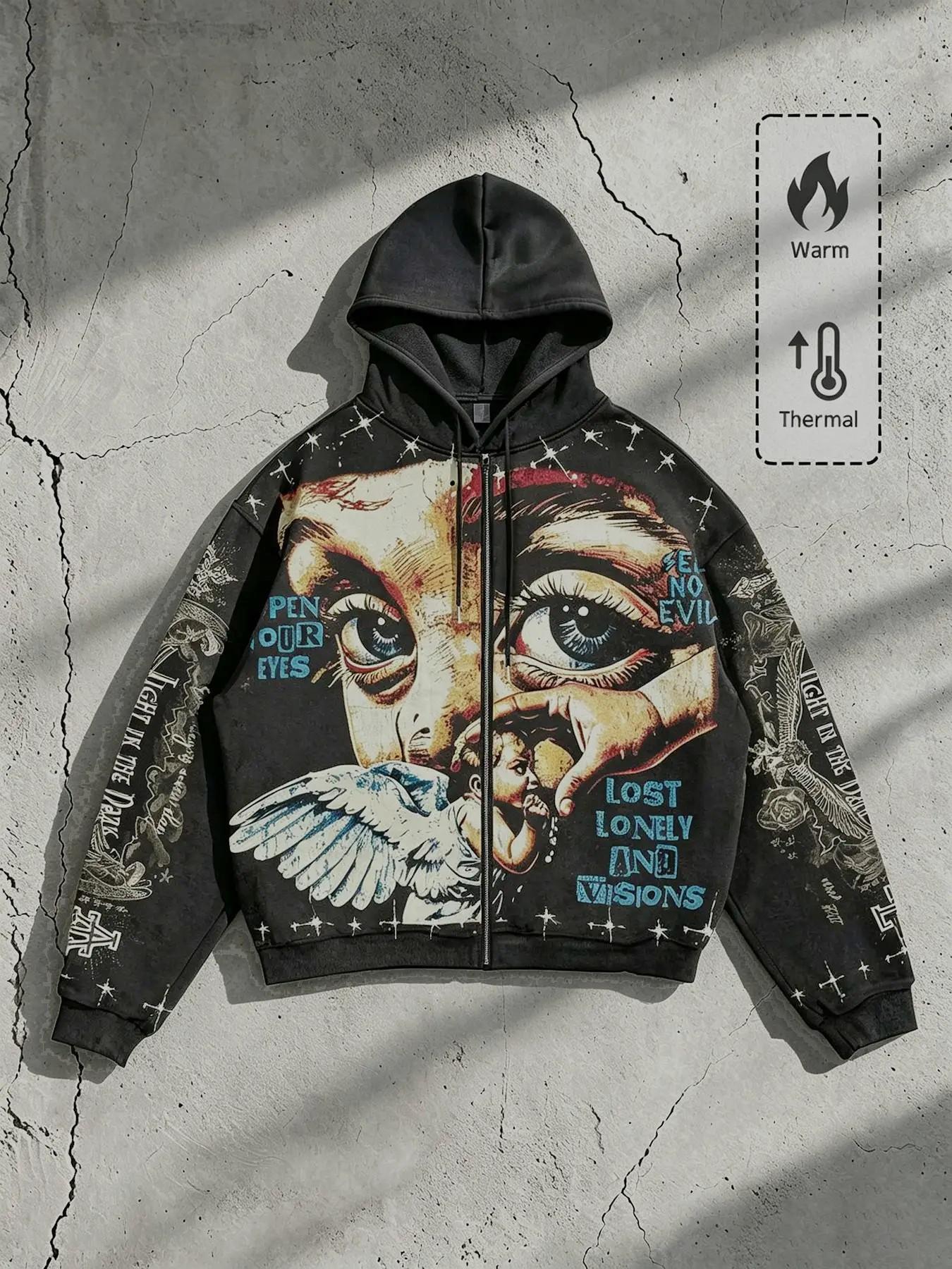 Vintage Graphite Zip-Up Hoodie Angel Print, Casual Print Hoodie, Unisex Loose-Fit Long Sleeve Sweatshirt, Street Style Fall Winter Fashion, Warm, Thermal and Trendy