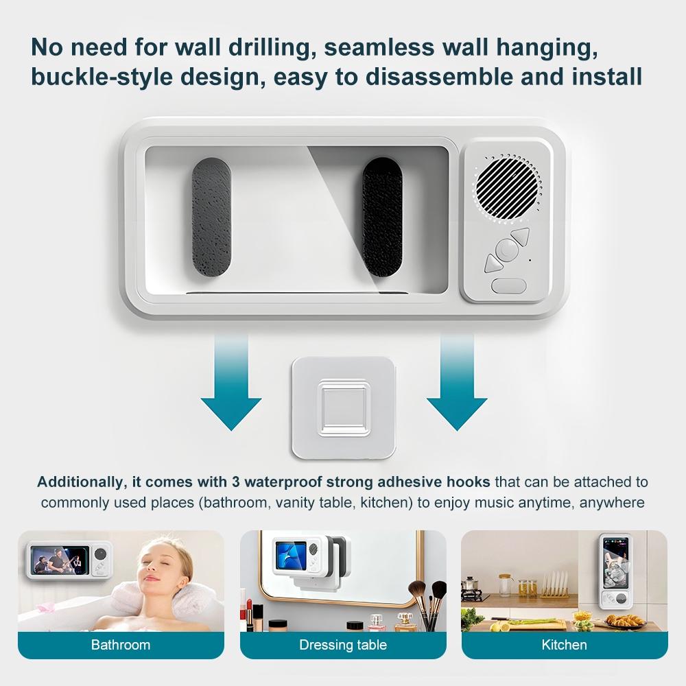 Waterproof box speaker, bathroom waterproof 360 ° rotating touch screen, Bluetooth speaker, watch movies, listen to music, phone holder Bluetooth speaker audio shower TV holder, Multifunctional Wireless Speaker, swimming pool, kitchen, bathroom, sink