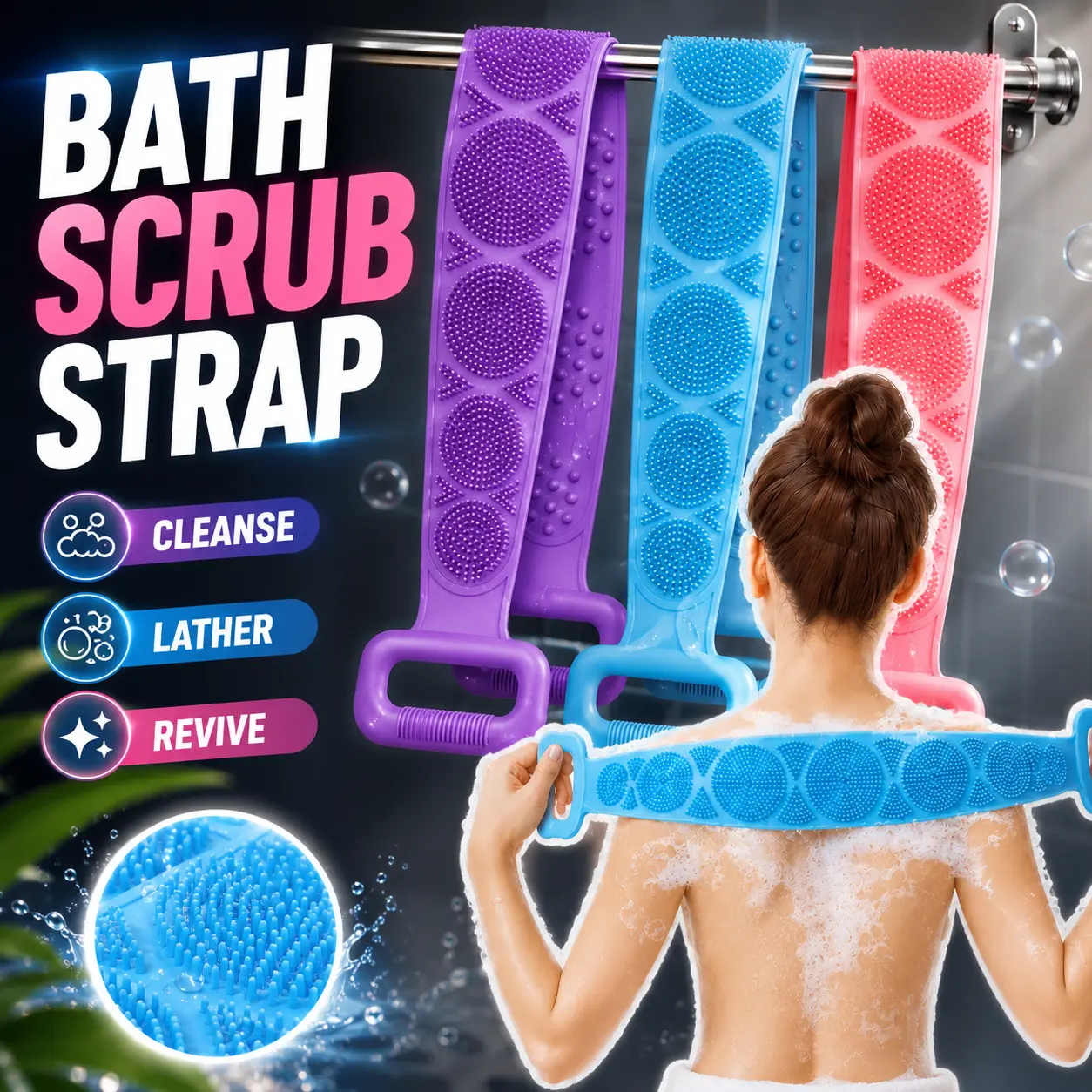 Silicone Body Scrubber with Handles, Dual-Sided Back Scrubber for Shower, Exfoliating Bath Brush, Rich Lather & Deep Clean