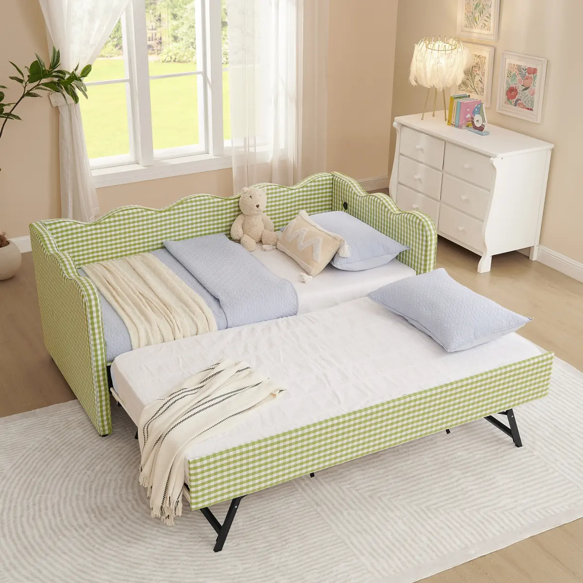 Cozy Gingham Daybed with Trundle Twin Size Sofa Bed No Box Spring Needed, with USB Port and Adorable Wave Shaped, Linen Fabric